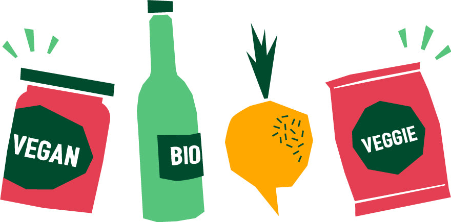 Abbildung von Gläsern mit der Aufschrift „Vegan“, einer Flasche mit der Aufschrift „Bio“, einer stilisierten Rübe und einer Tüte mit der Aufschrift „Veggie“.