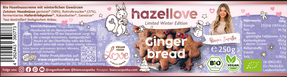 VFL HazelLove Gingerbread Bio Haselnuss-Creme, 250g