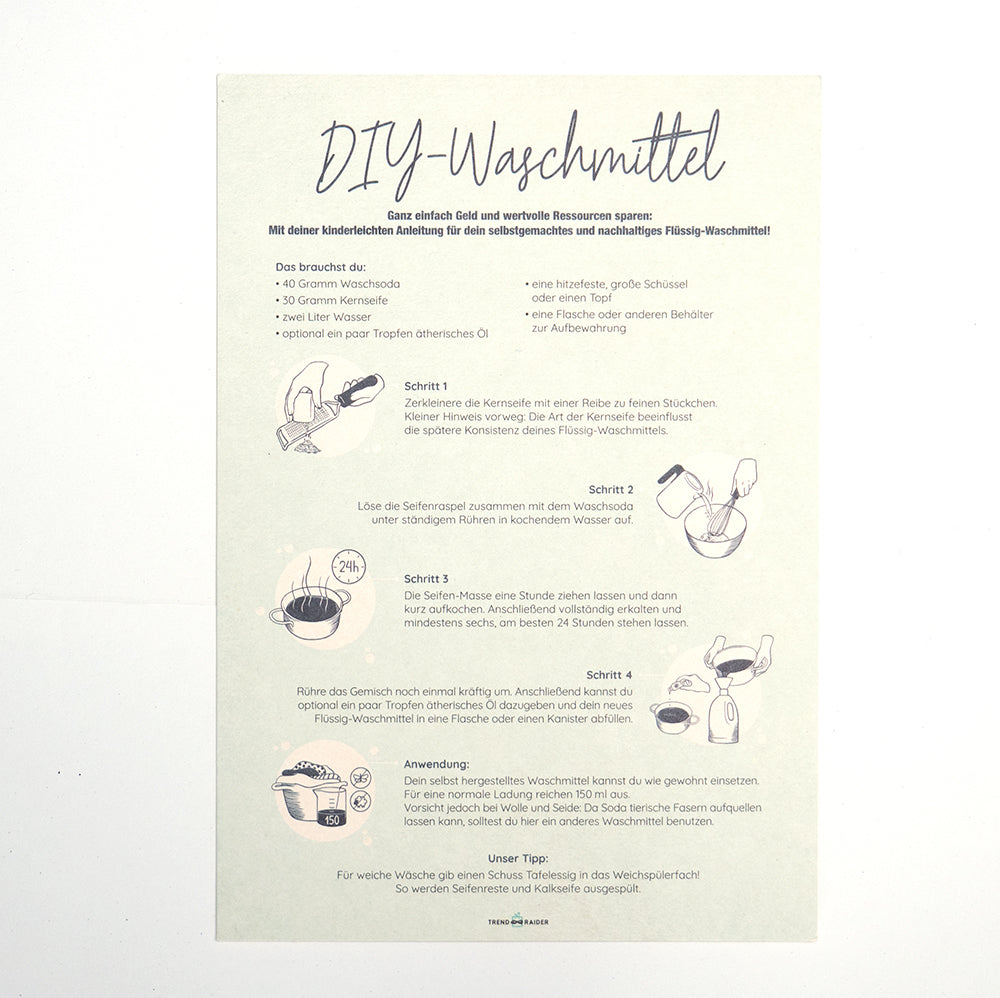 Die DIY-Waschanleitung von Trendraider enthält eine bebilderte Anleitung und Zutaten für umweltfreundliches Waschmittel in Deutsch. Sie bietet ressourcenschonende Alternativen, die Ihrer Wäsche Frische verleihen.