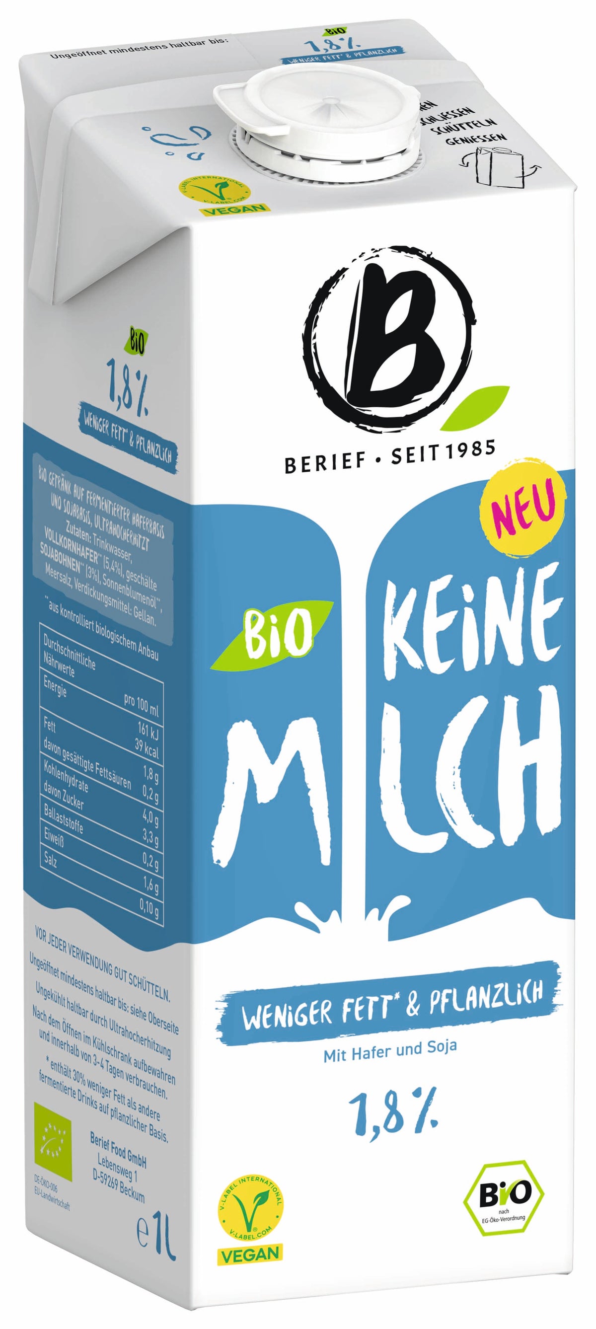Das Bild zeigt eine 1-Liter-Packung eines pflanzlichen Bio-Getränks der Marke Berief mit dem Namen "KEINE MILCH". Die Verpackung ist überwiegend weiß mit blauen und grünen Akzenten.