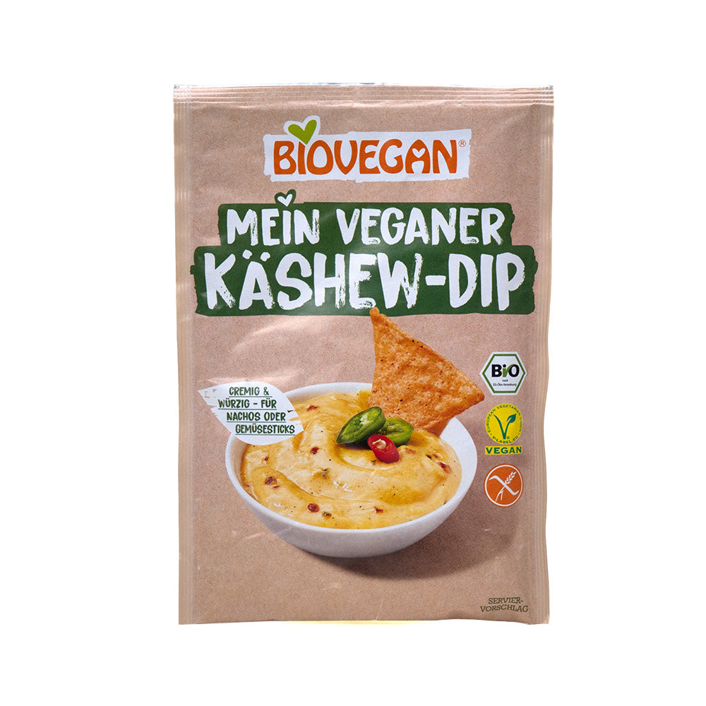 Der BIO Käshew-Dip 3x37,5g von Biovegan ist mit Schale und Maischip auf der Verpackung versehen und unterstreicht seinen kräftigen Cashewgeschmack. Ganz klar eine pflanzliche Alternative, ist dieser leckere Dip vegan und bio.