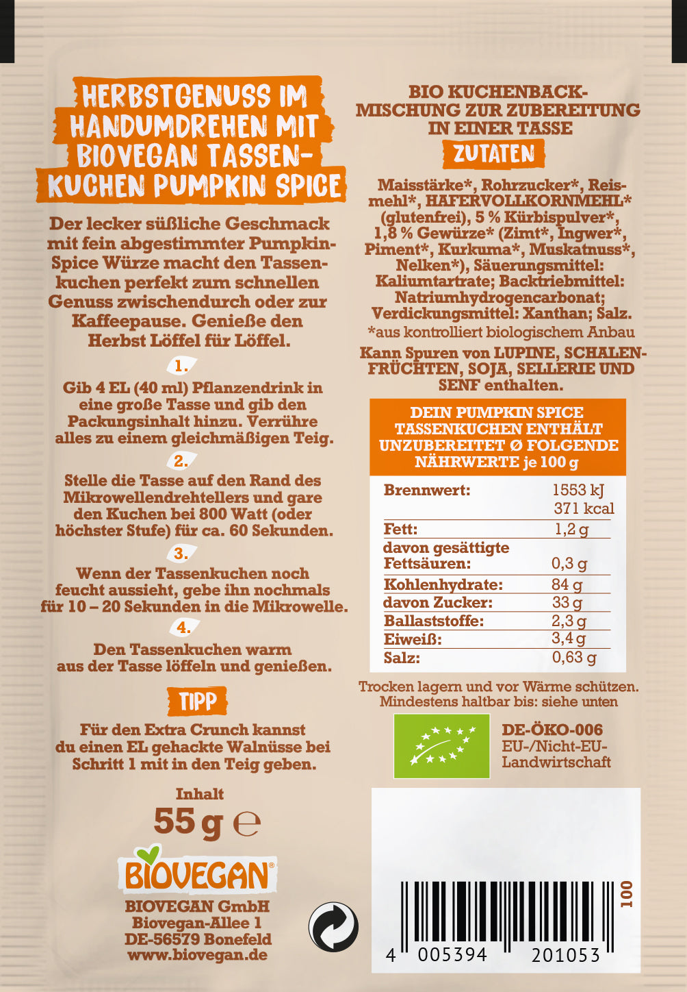 Biovegan Mein Tassenkuchen Pumpkin Spice, 55g