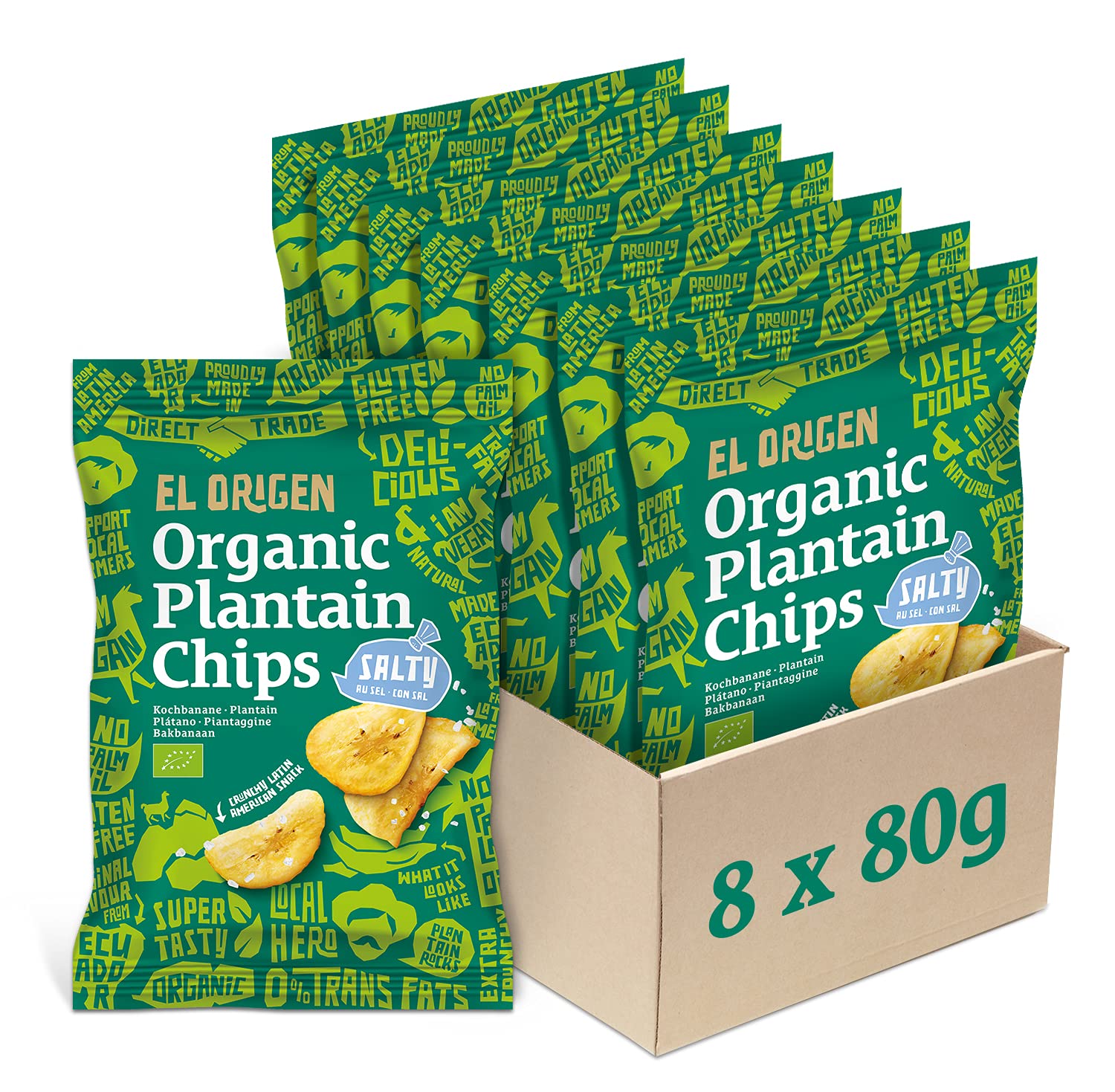 el Origen Kochbananen Chips mit Meersalz - Bio & Vegan, 8x80g