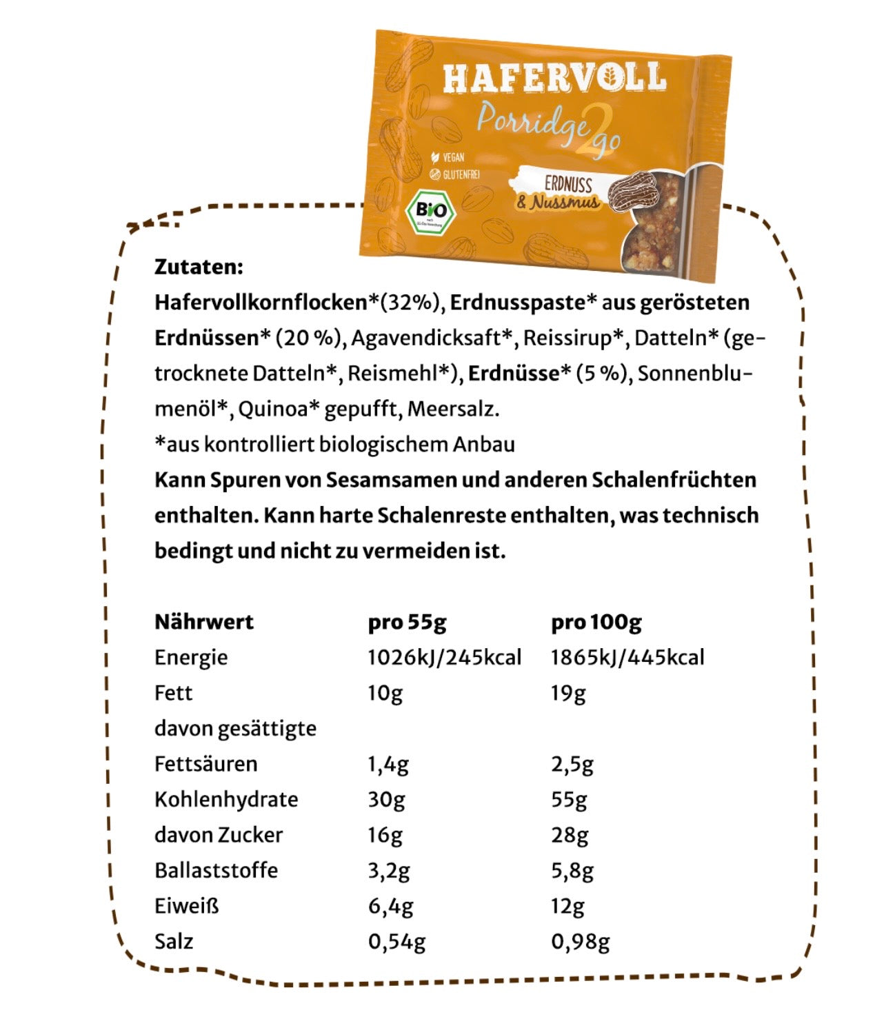 Hafervoll Porridge2Go Erdnuss - Bio & Vegan, 55 g