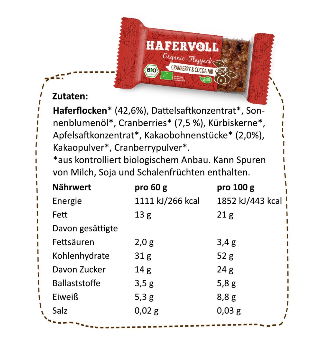Hafervoll Cranberry Cocoa Flapjack - Bio & Vegan, 60 g