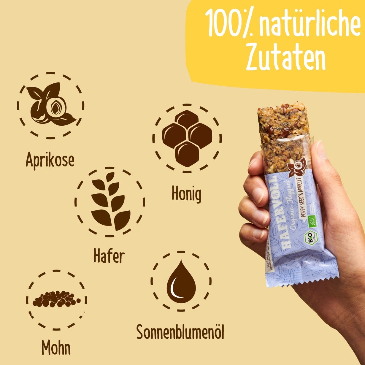 Hafervoll Poppy Seed & Apricot Flapjack - Bio & Palmölfrei, 60 g