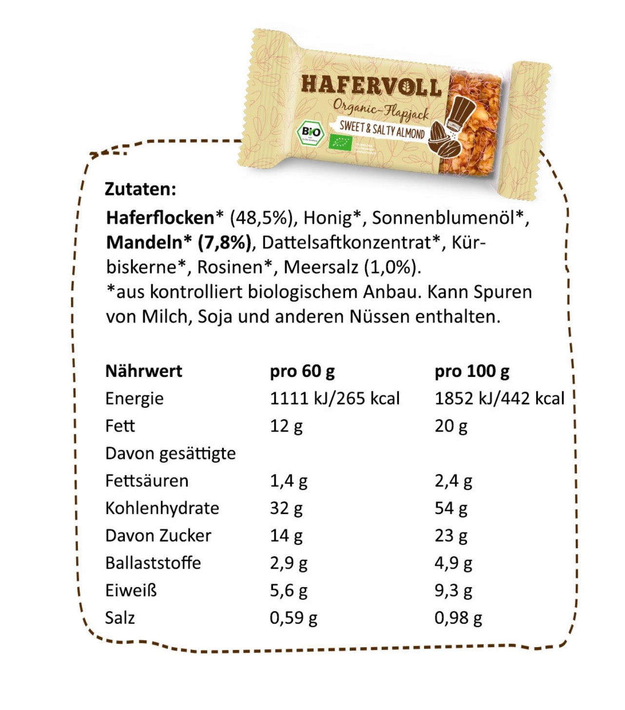 Hafervoll Sweet & Salty Almond Flapjack - Bio & Palmölfrei, 60 g