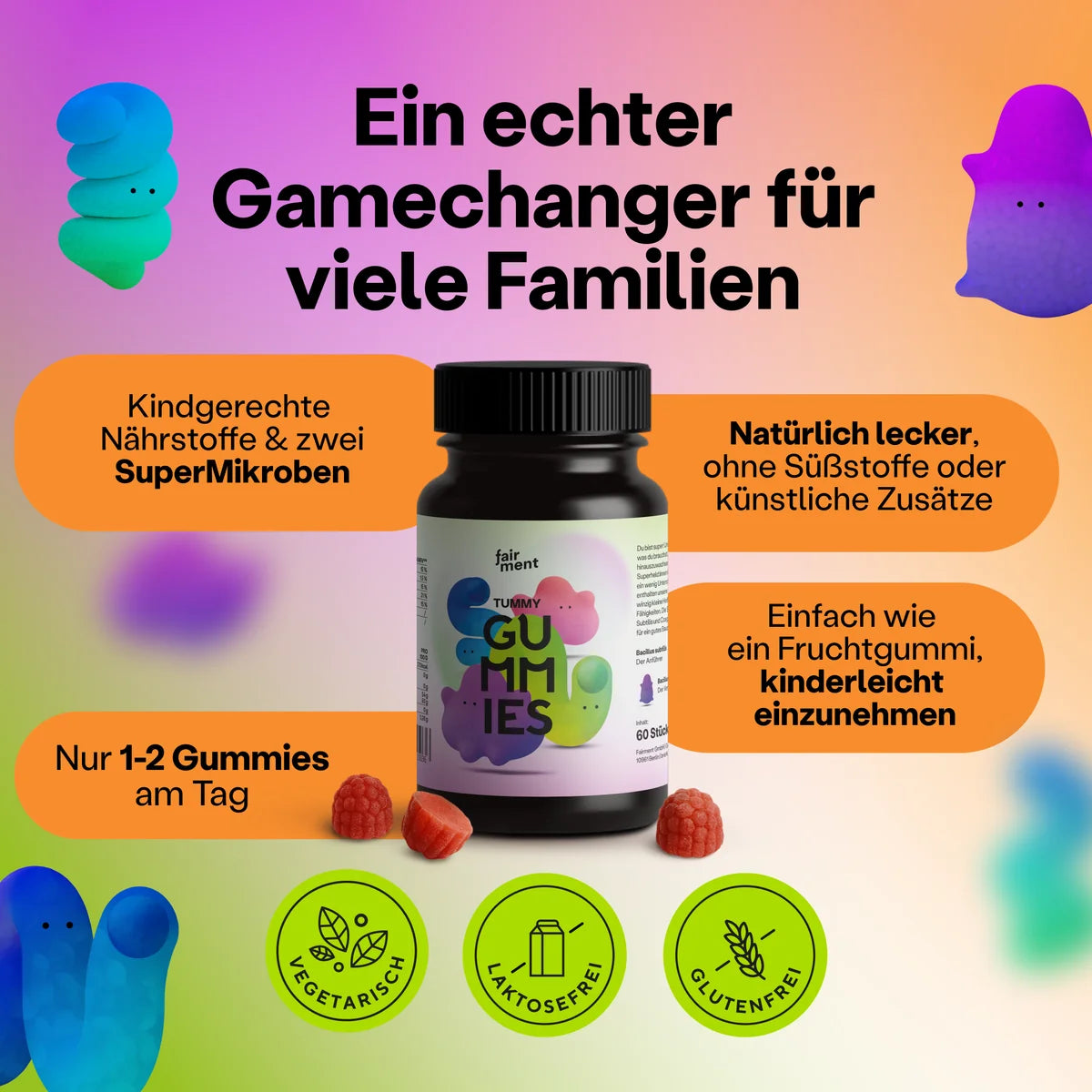 TummyGummies Fruchtgummis mit Probiotika + Vitamine, Vegan & Glutenfrei