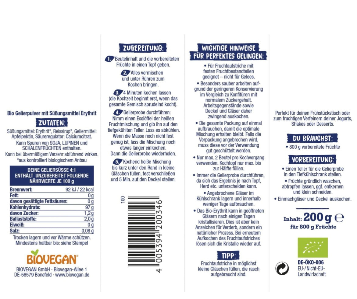 BIOVEGAN Meine kalorienarme Geliersüße 4:1, 200g (Zum Süßen & Backen perfekt  ❌ zum gelieren zu hart geworden)