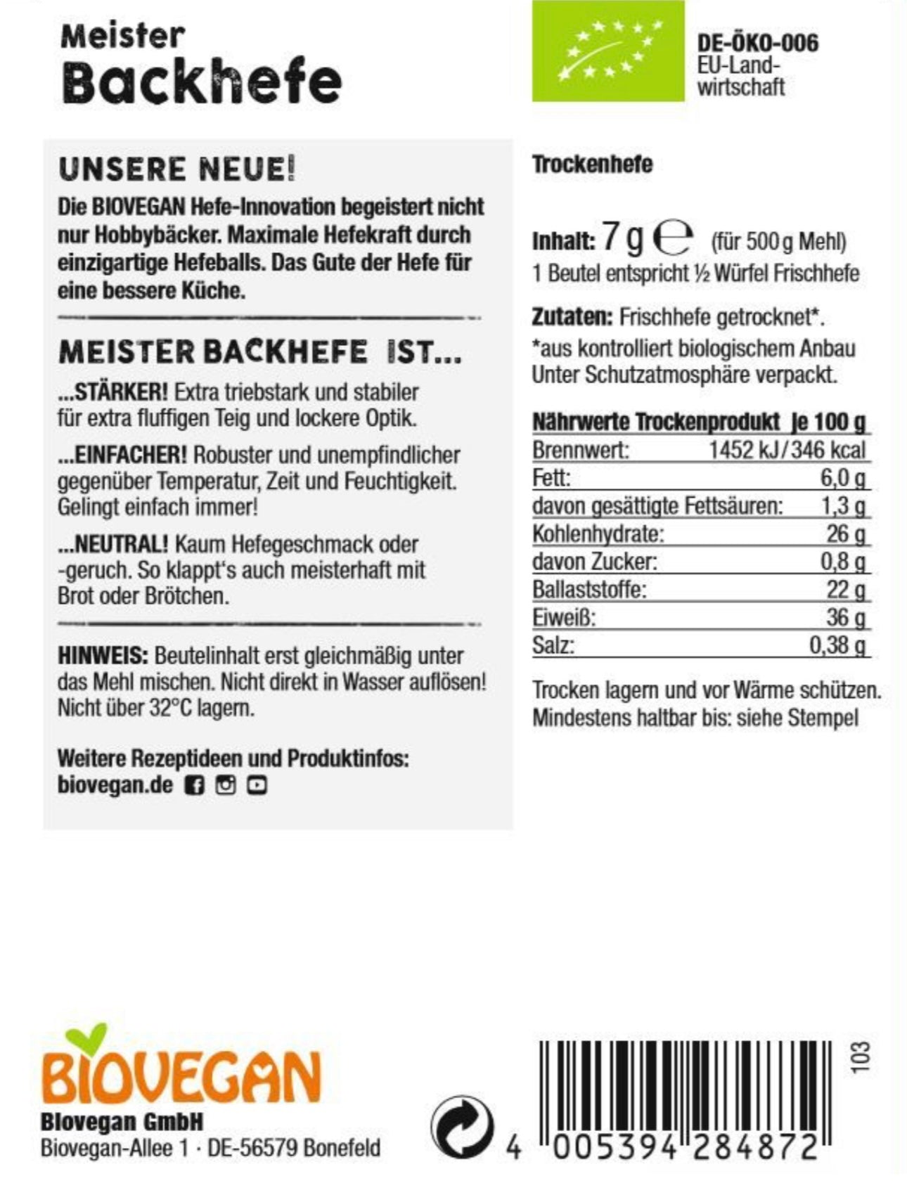 Biovegan Meister Backhefe 25x7g