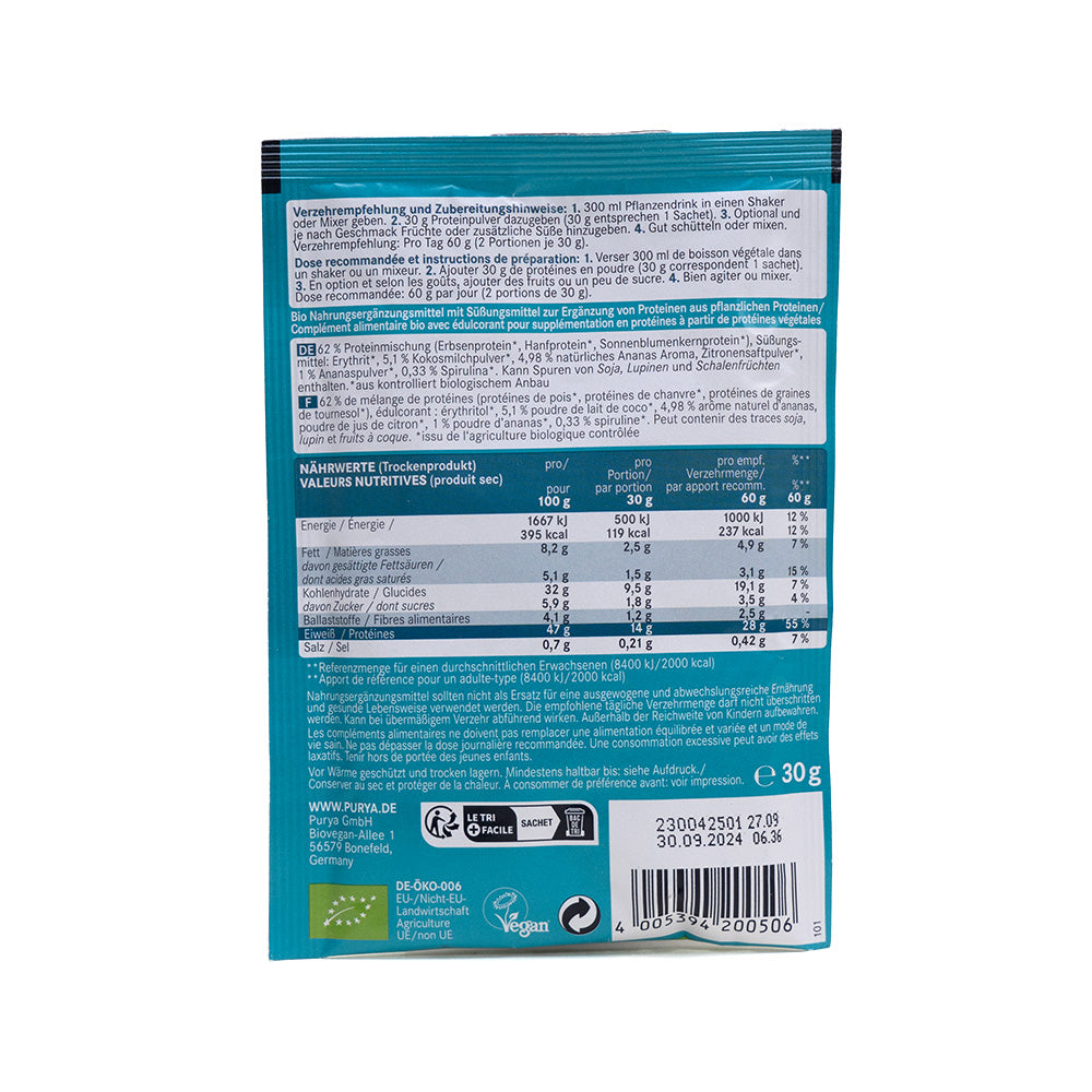 Erleben Sie die Vorteile des BIO Protein Shake Mini Tropical 3x30g von PUR YA. Dieses Paket enthält wichtige Nährwertangaben, einfache Shake-Anweisungen und vertrauenswürdige Zertifizierungen – ideal für alle, die ihren gesunden Lebensstil verbessern möchten.