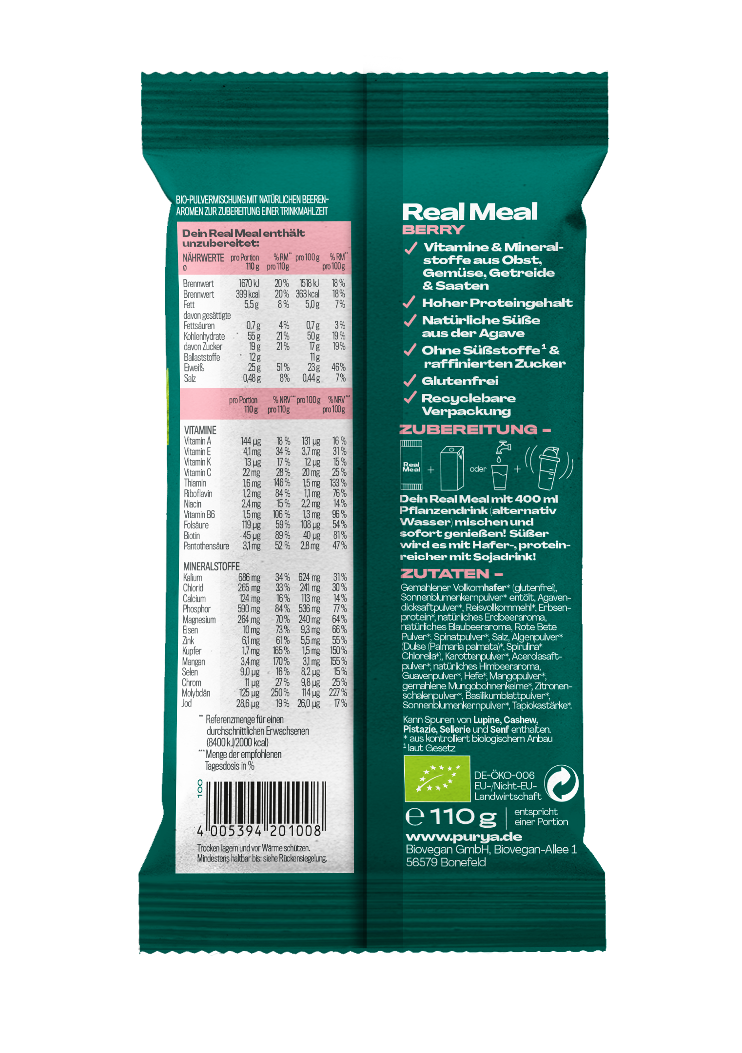 PURYA BIO Trinkmahlzeit Pulver Berry - Vegan & Glutenfrei, 110g