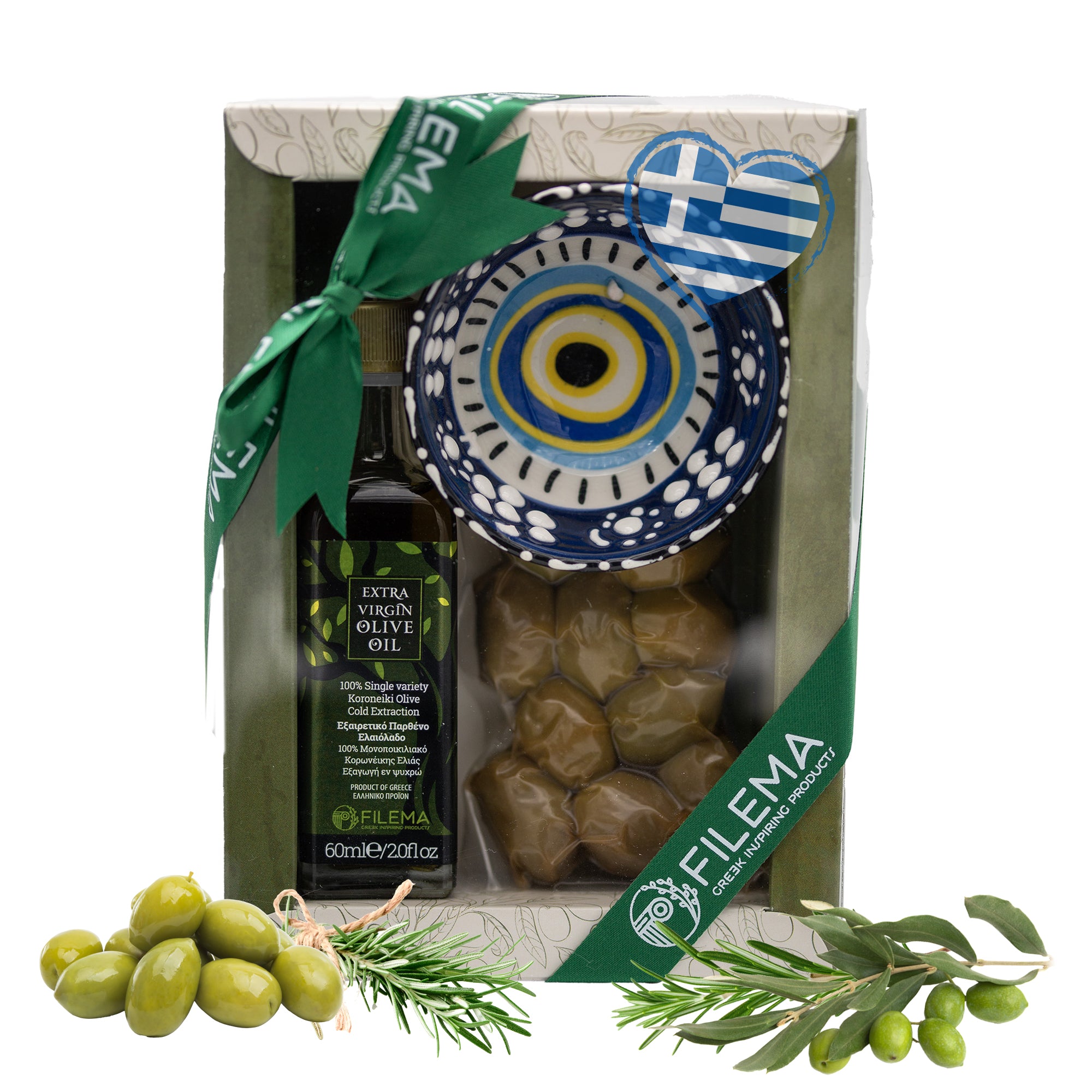 FILEMA Geschenkset Olivenöl, Oliven & Keramikschale, 60 ml + 60 g