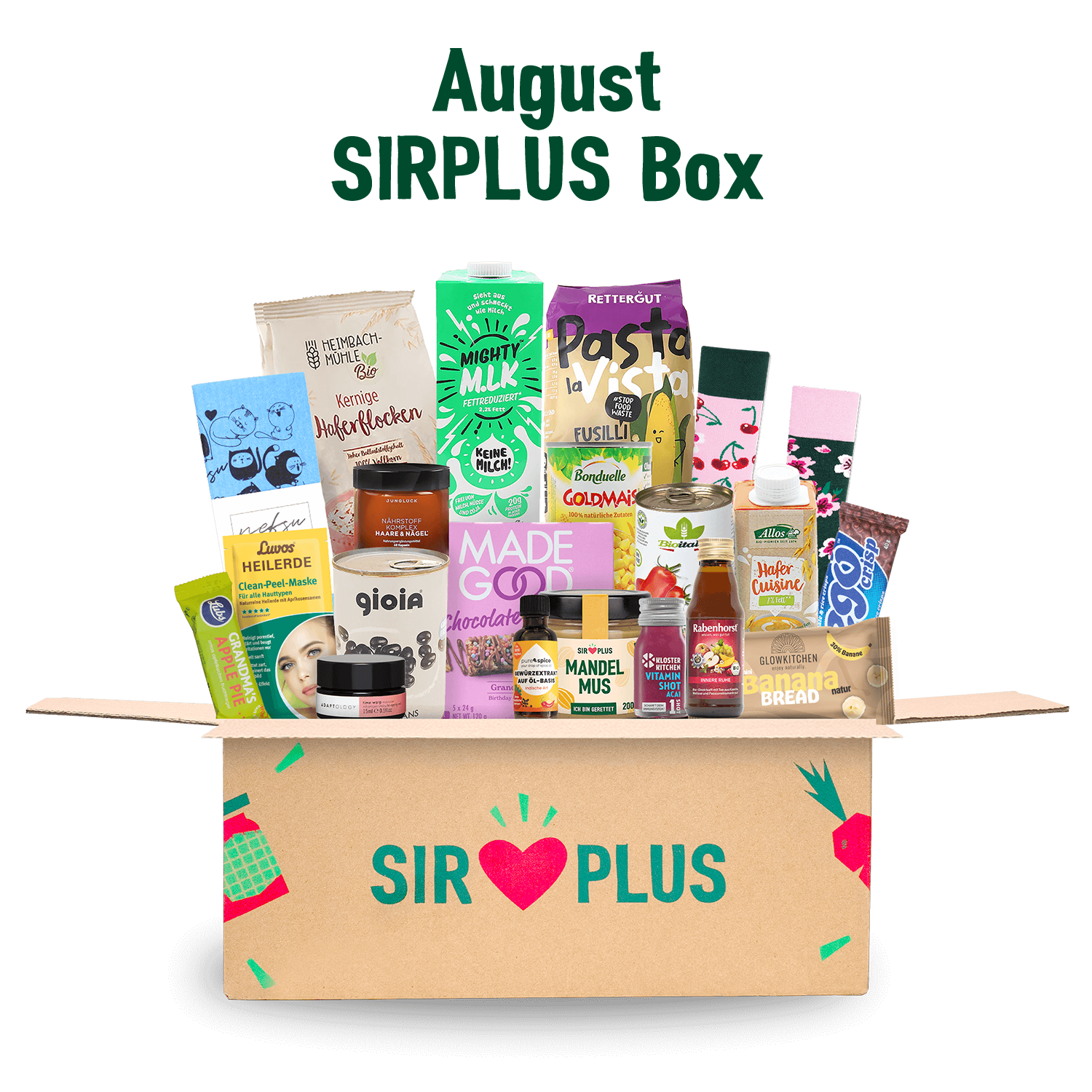 Die SIRPLUS-Box: Der Bestseller für August präsentiert eine Vielfalt an geretteten Lebensmitteln, mit verschiedenen Nahrungsmitteln, hübsch arrangiert in und um eine Kartonschachtel.