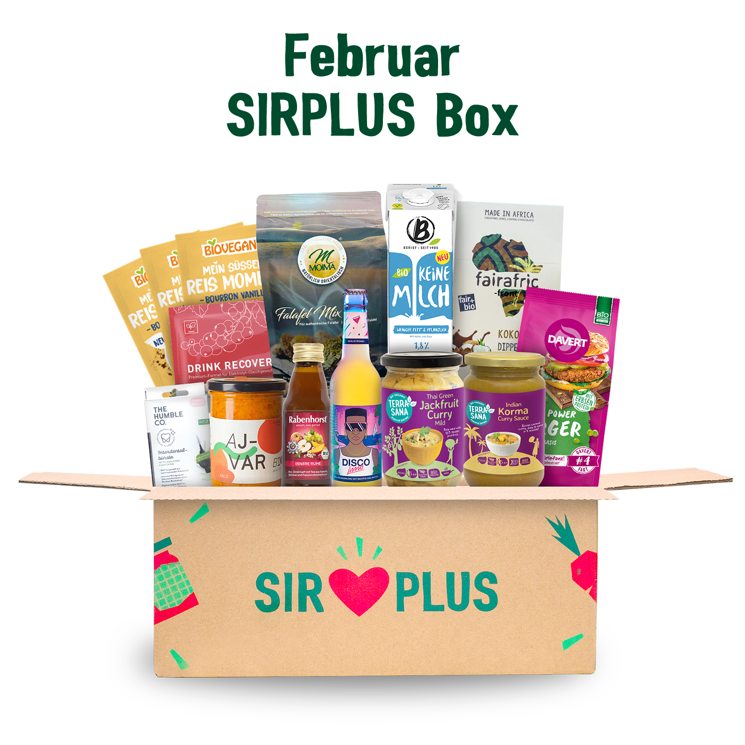 Die SIRPLUS-Box: Der Bestseller mit einer Auswahl geretteter Lebensmittel und veganer Produkte wird ordentlich präsentiert und trägt darüber die Aufschrift „SIRPLUS-Box Februar“.