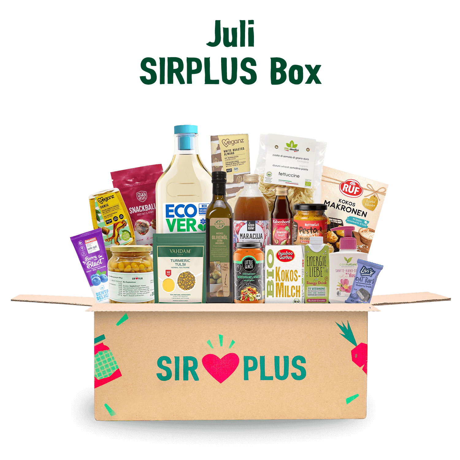 Eine „SIRPLUS Box: Der Bestseller“ voller geretteter Lebensmittel und veganer Produkte für Juli von SIRPLUS.