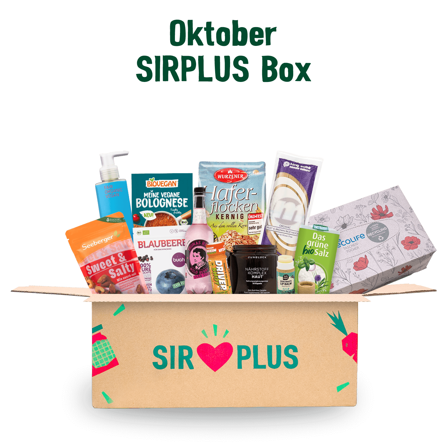 Entdecken Sie die „SIRPLUS Box: Der Bestseller“ von SIRPLUS, die eine kuratierte Auswahl geretteter Lebensmittel und Wellness-Artikel präsentiert. Freuen Sie sich auf einen Mix aus veganen Produkten und Überraschungen, die nachhaltiges Leben verkörpern.