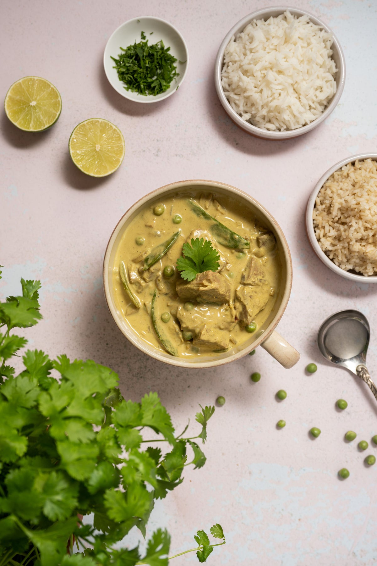 Eine Schüssel mit cremigem Thai Green Curry mit JacKruit und Gemüse von TerraSana, umgeben von Reis, Limettenscheiben, Koriander und einem Löffel auf einer hellen Oberfläche, fängt die Essenz der veganen thailändischen Küche ein.