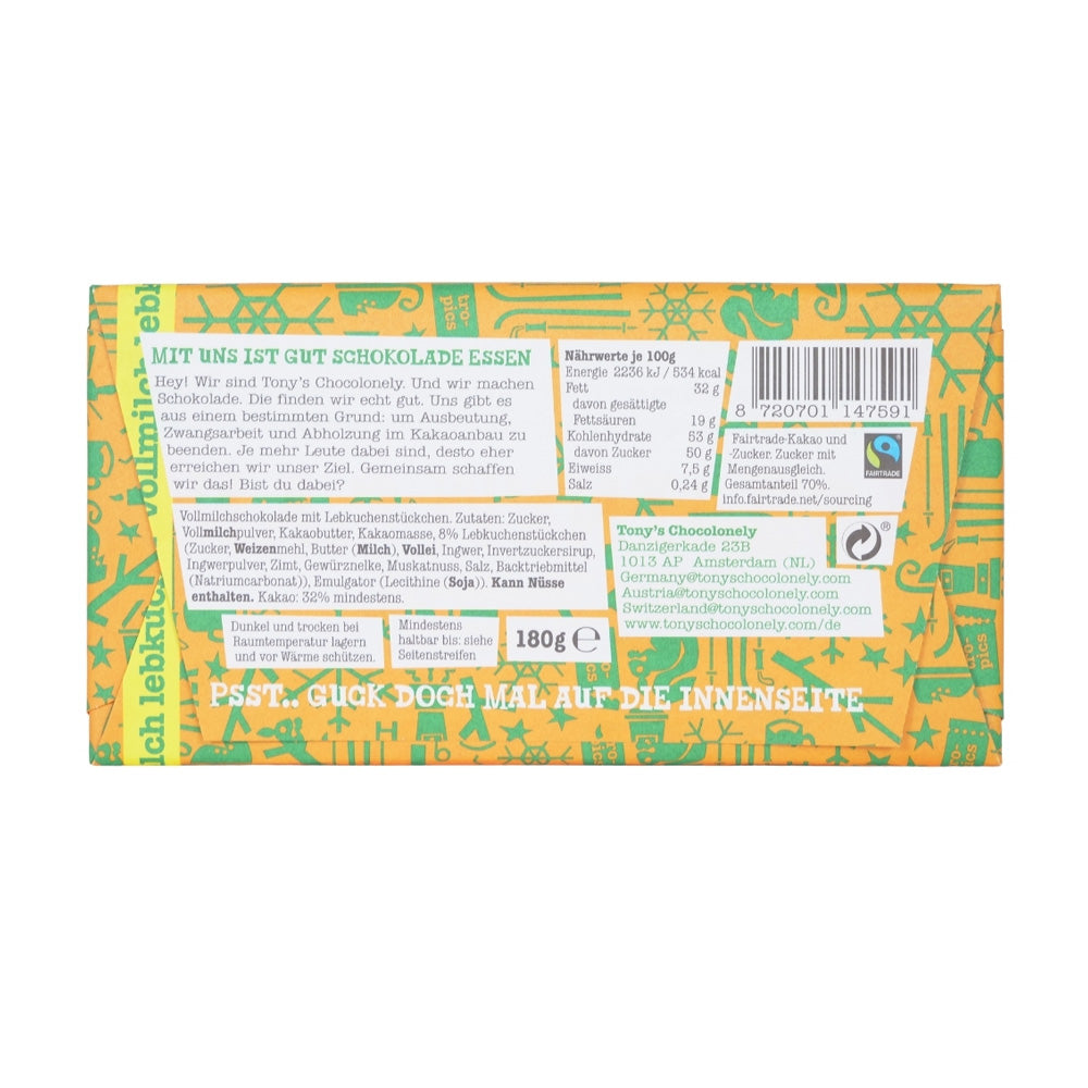 Die Verpackung des Tonys Schokolade Vollmilch Lebkuchens von Tonys Chocolonely zeigt leuchtend grüne und orange Muster sowie deutschen Text. Sie betont die Verwendung rückvererfolgbarer Kakaobohnen für Qualität und Nachhaltigkeit bei jedem köstlichen Bissen.
