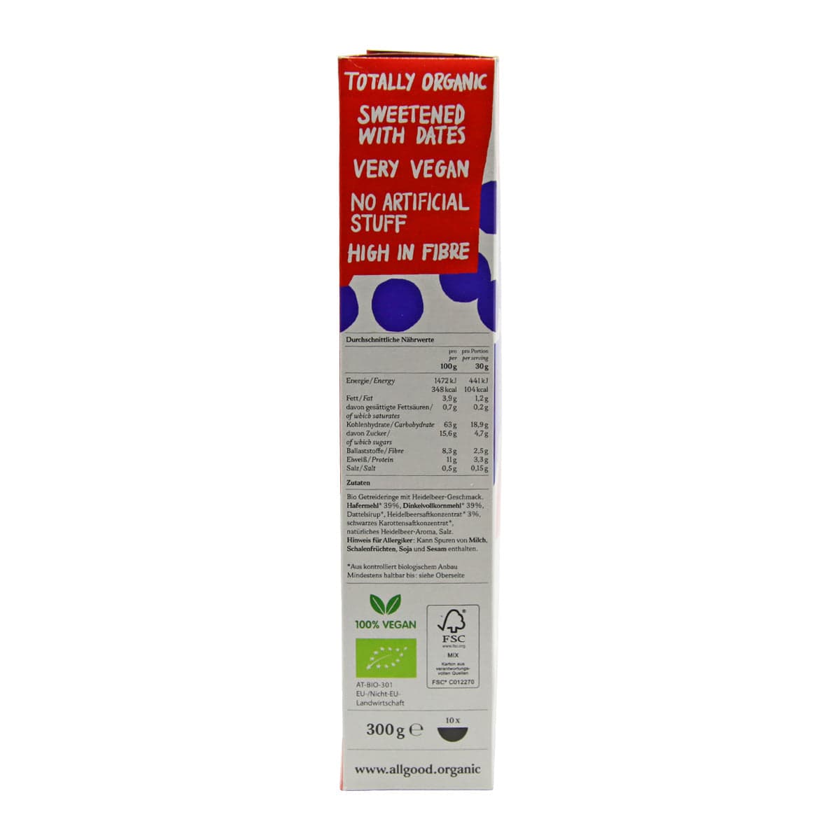 Die Seitenansicht der Bio Cerealien Berry-Verpackung von All Good zeigt Nährwertangaben und vegane Etiketten und hebt eine köstliche Mischung aus Hafer und Dinkel für alle hervor, die auf der Suche nach gesunden, veganen Snacks sind.