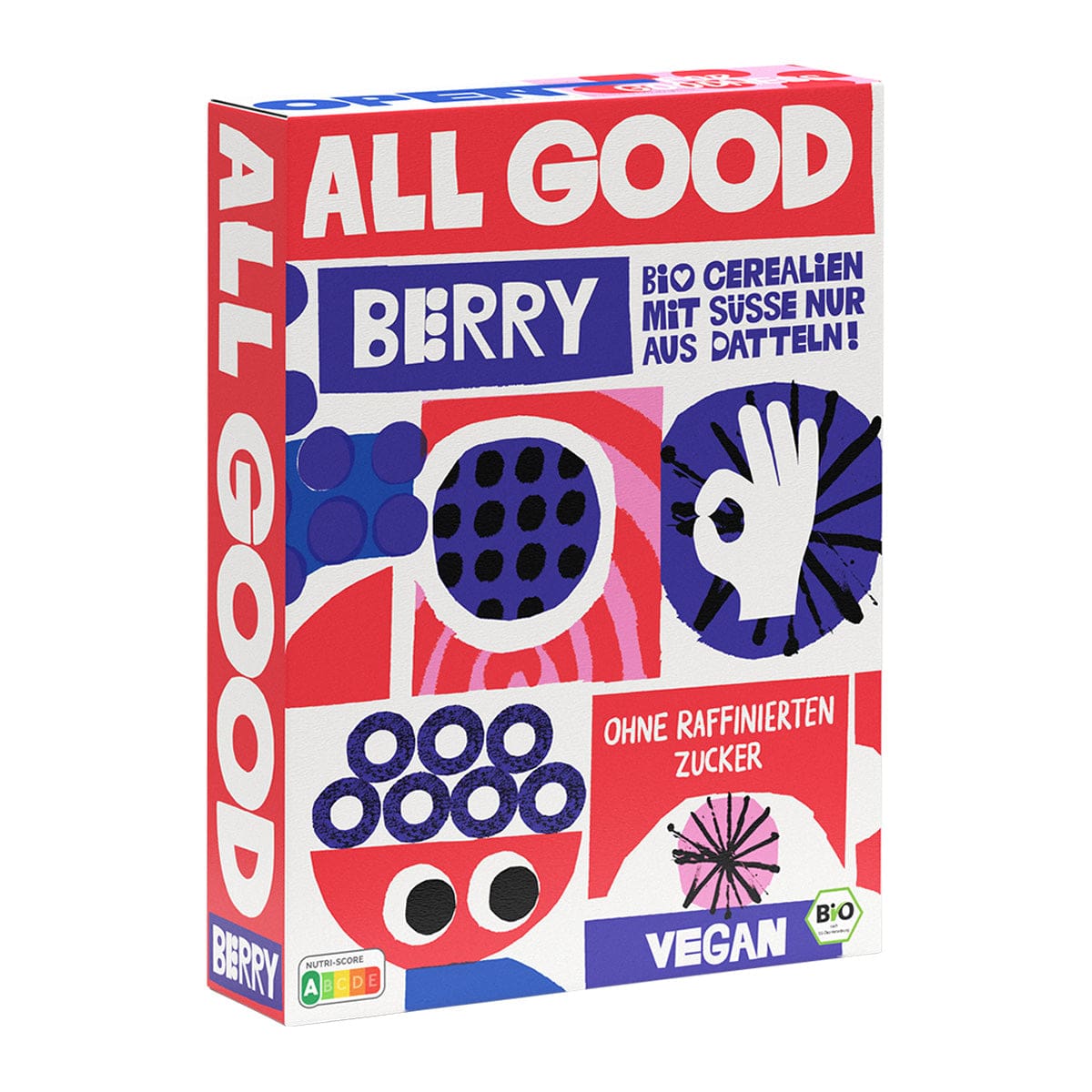 Die Müsli-Box „All Good Bio Cerealien Berry“ mit farbenfrohen Obst- und Handillustrationen ist biologisch und vegan. Sie ist perfekt für alle, die Hafer und Dinkel mit jedem Bissen genießen.