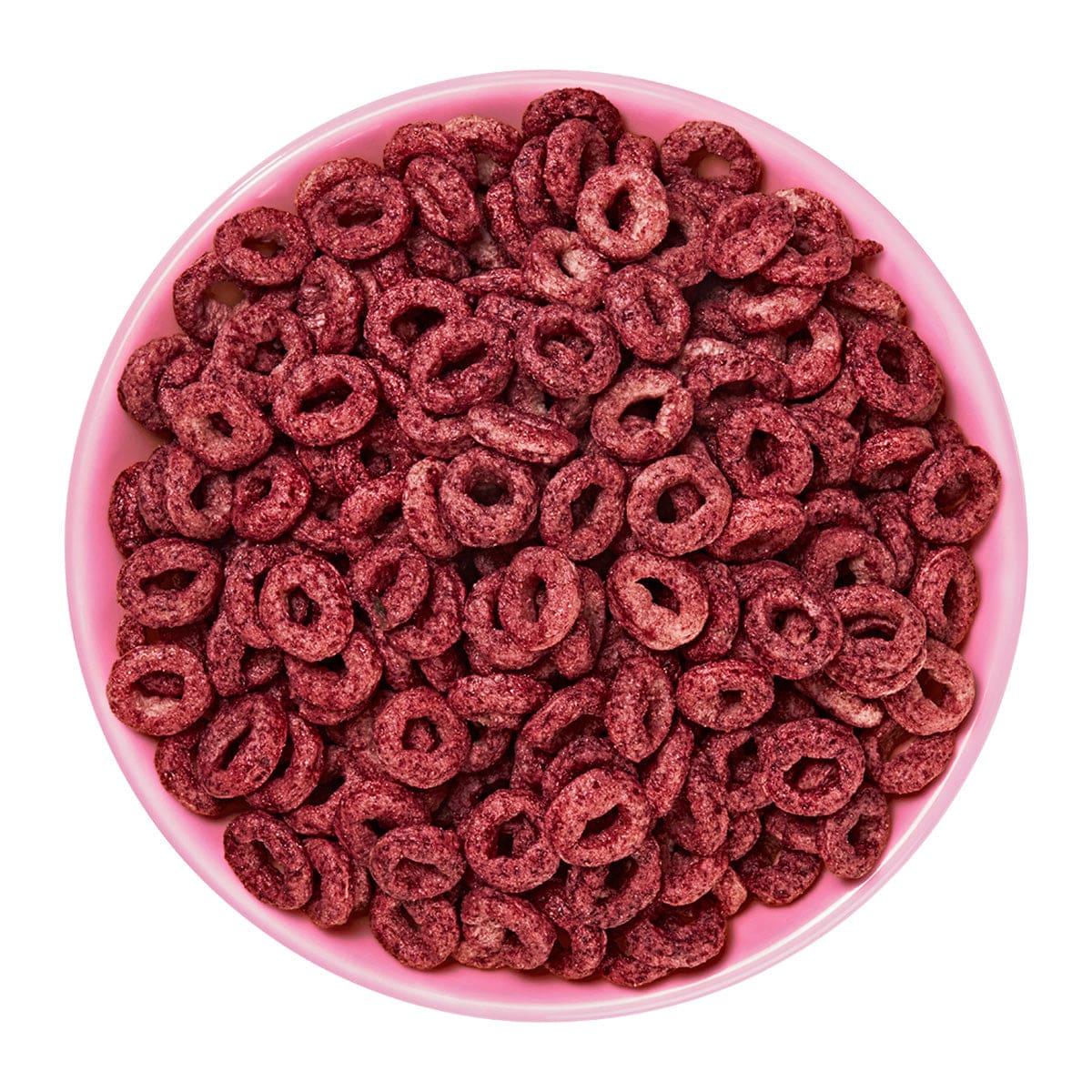 Eine rosa Schale gefüllt mit leuchtend roten, ringförmigen Müslistückchen von All Good Bio Cerealien Berry, 300g, für einen gesunden Start in den Tag.