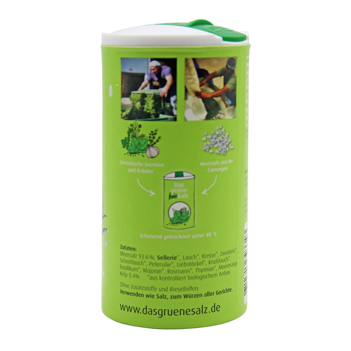 Das auffällige grüne Bio Salz mit Kräutern, 250 g von Das grüne Salz zeigt lebendige Kräuter- und Gemüseillustrationen. Die Zutatenliste ist auf Deutsch und es ist ideal für gesundheitsbewusste Verbraucher, da es sowohl glutenfrei als auch ohne Zuckerzusatz ist.