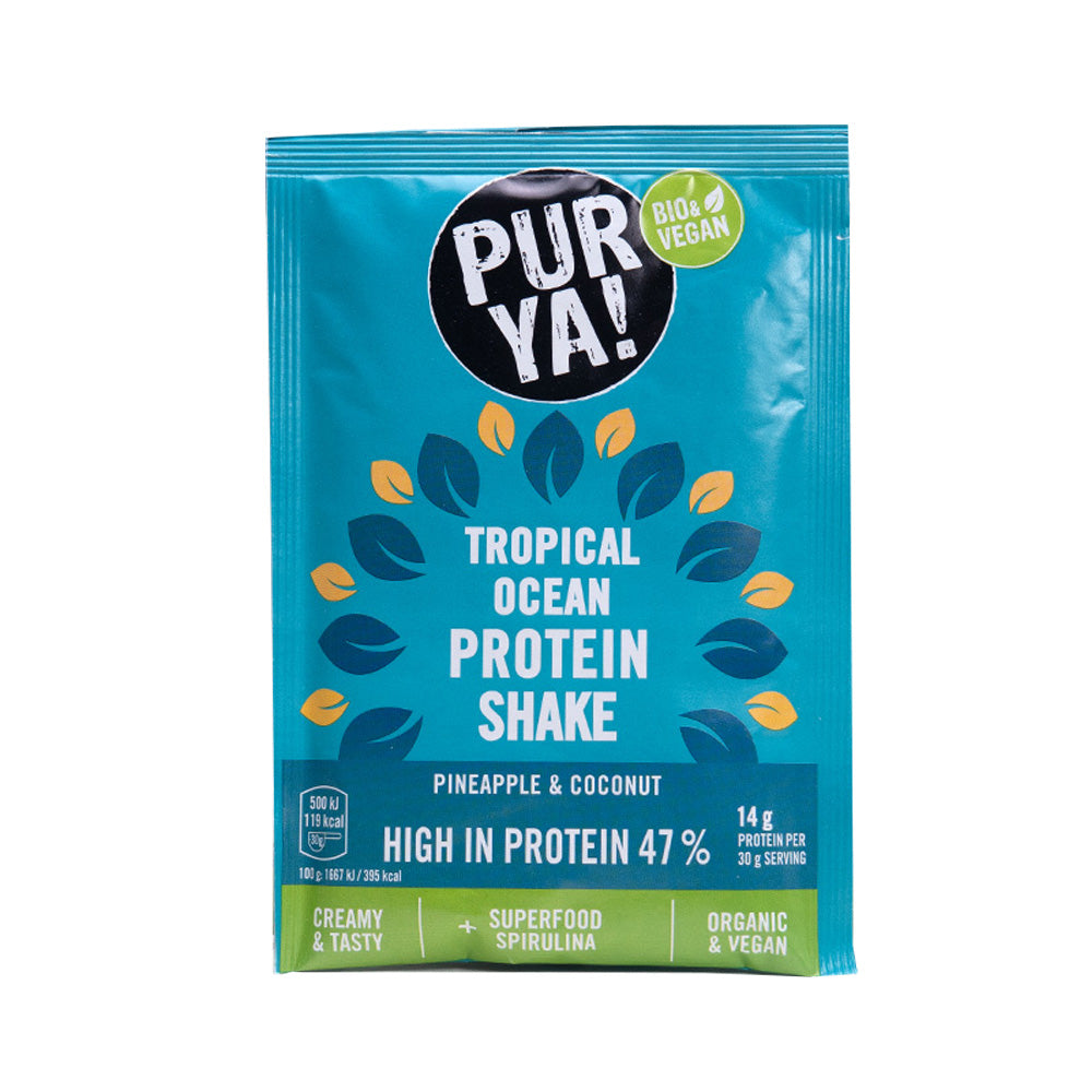 Der BIO Protein Shake Mini Tropical 3x30g von PUR YA bietet eine erfrischende Mischung aus Ananas- und Kokosgeschmack, angereichert mit Spirulina für den zusätzlichen Energieschub.