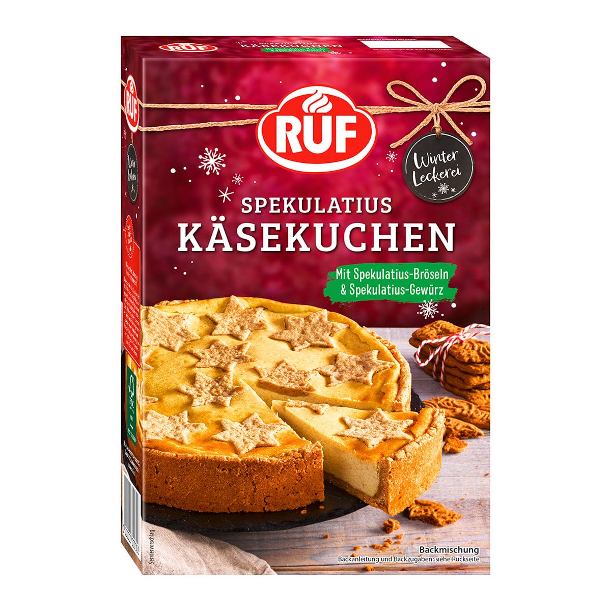 Genießen Sie RUFs Spekulatius Käsekuchen Backmischung, 520 g, eine köstliche Käsekuchenmischung mit sternförmigem Belag. Verleihen Sie Ihrem Desserttisch mit diesem ultimativen Saisonware-Leckerbissen einen festlichen Charme.