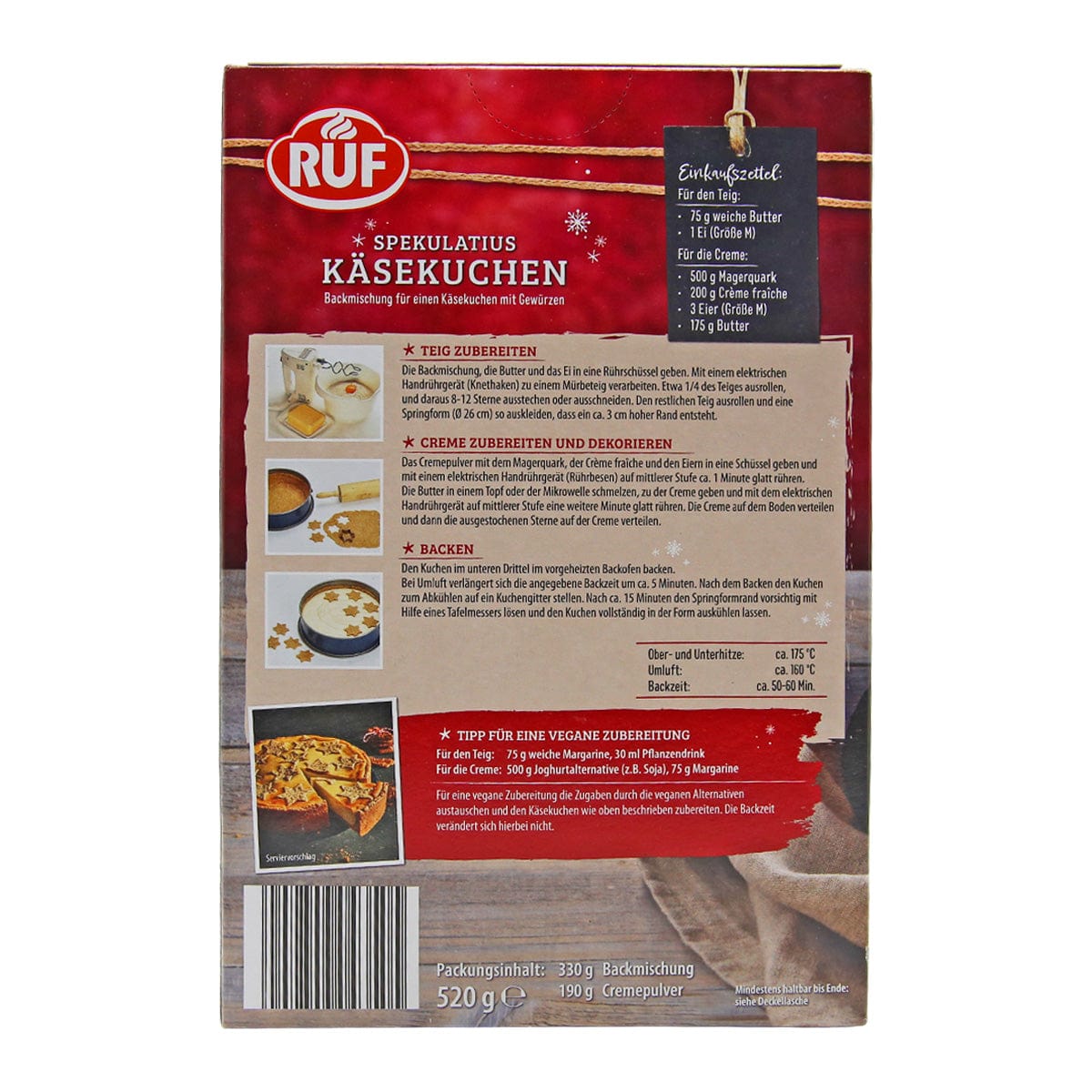 RUF Spekulatius Käsekuchen Backmischung, 520 g ist ein saisonaler Genuss mit Anleitung und Bildern auf der Rückseite, perfekt für die mühelose Herstellung köstlicher Kuchen, die festliche Aromen einfangen.