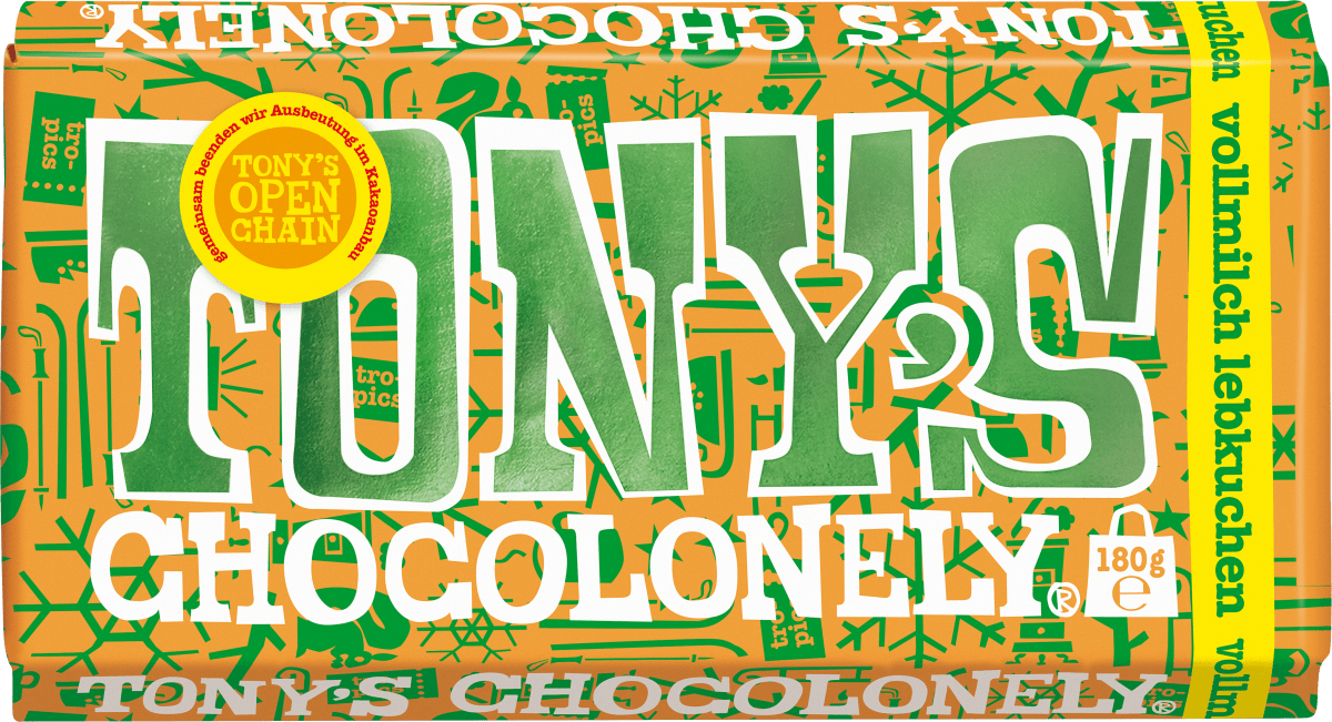 Die Milchschokoladentafel von Tonys Chocolonely, Tonys Schokolade Vollmilch Lebkuchen, kommt in einem festlichen grünen und orangefarbenen Feiertagsdesign, hergestellt mit rückverfolgbaren Kakaobohnen für einen reichhaltigen und wirkungsvollen Genuss.