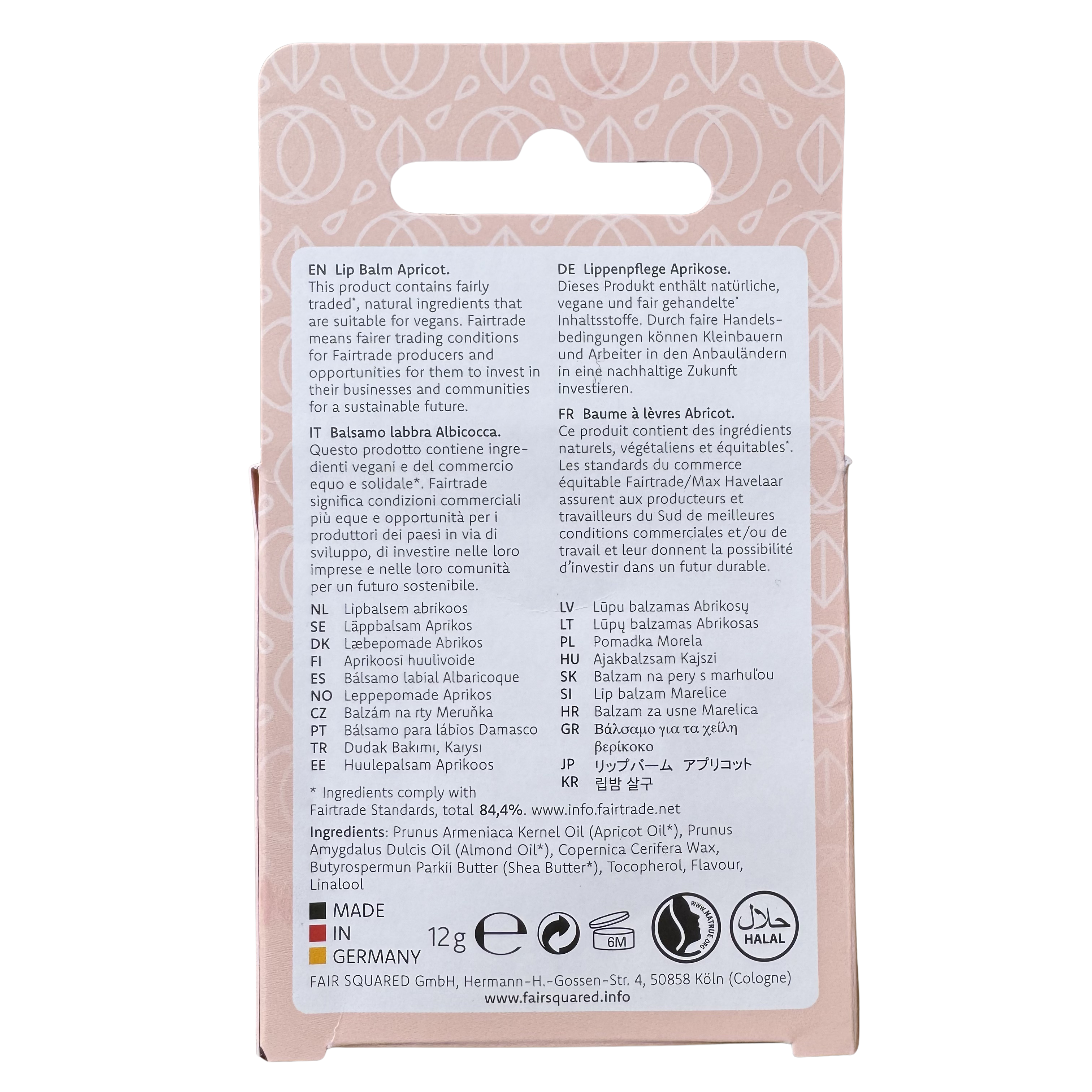 FAIR SQUARED Lip Balm Apricot - Vegan & Halal, 12 gr