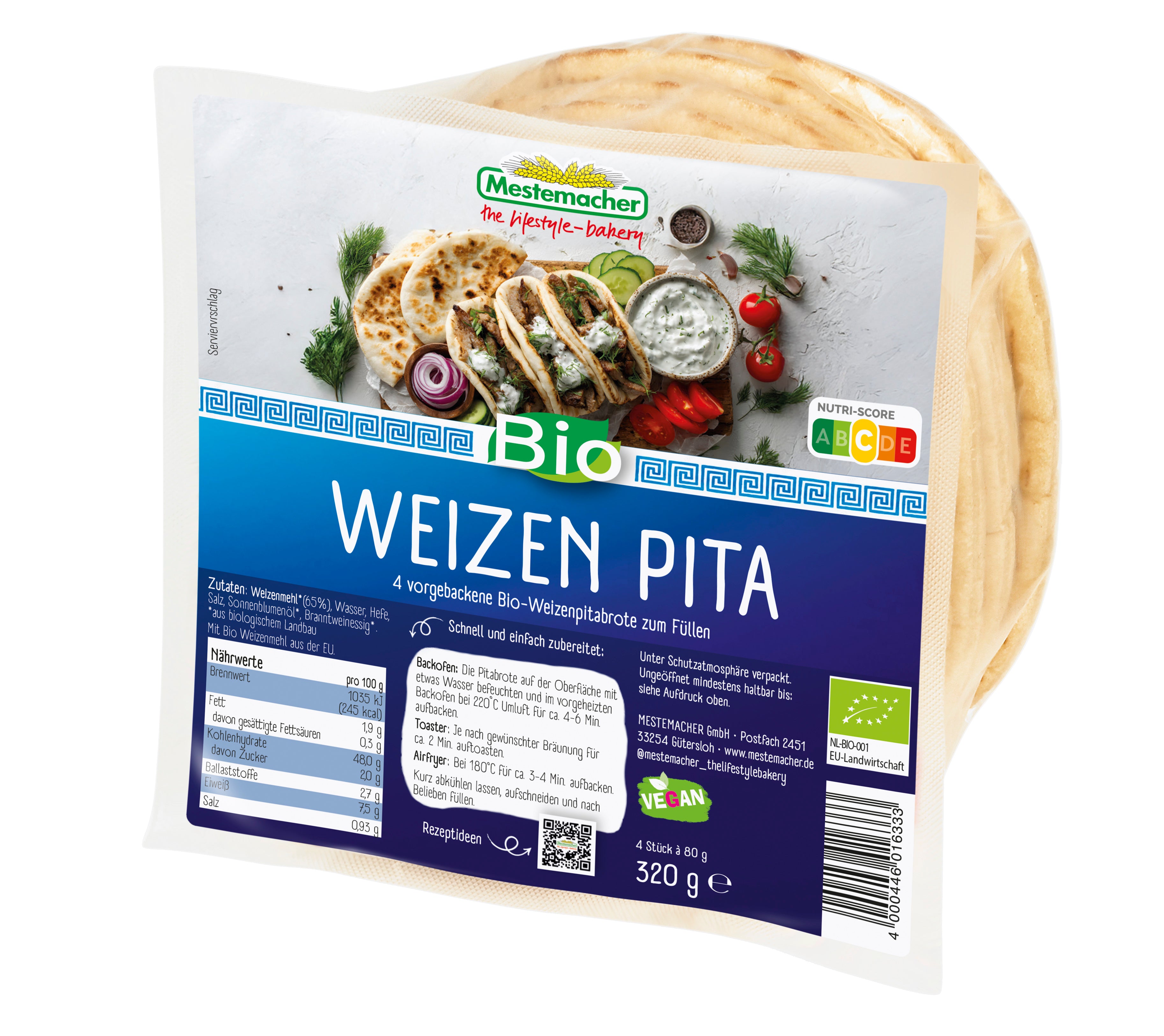 Mestemacher Weizen Pita - Vegan & Bio, 320g