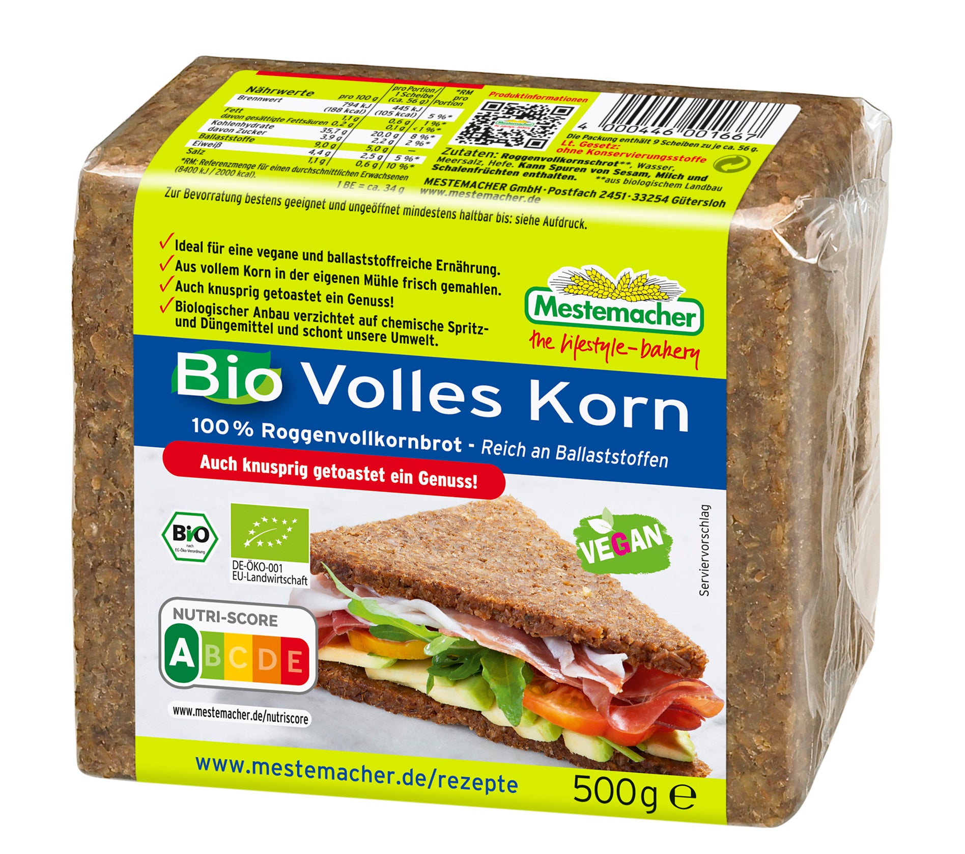 Mestemacher Volles Korn Brot - Vegan & Bio, 500g
