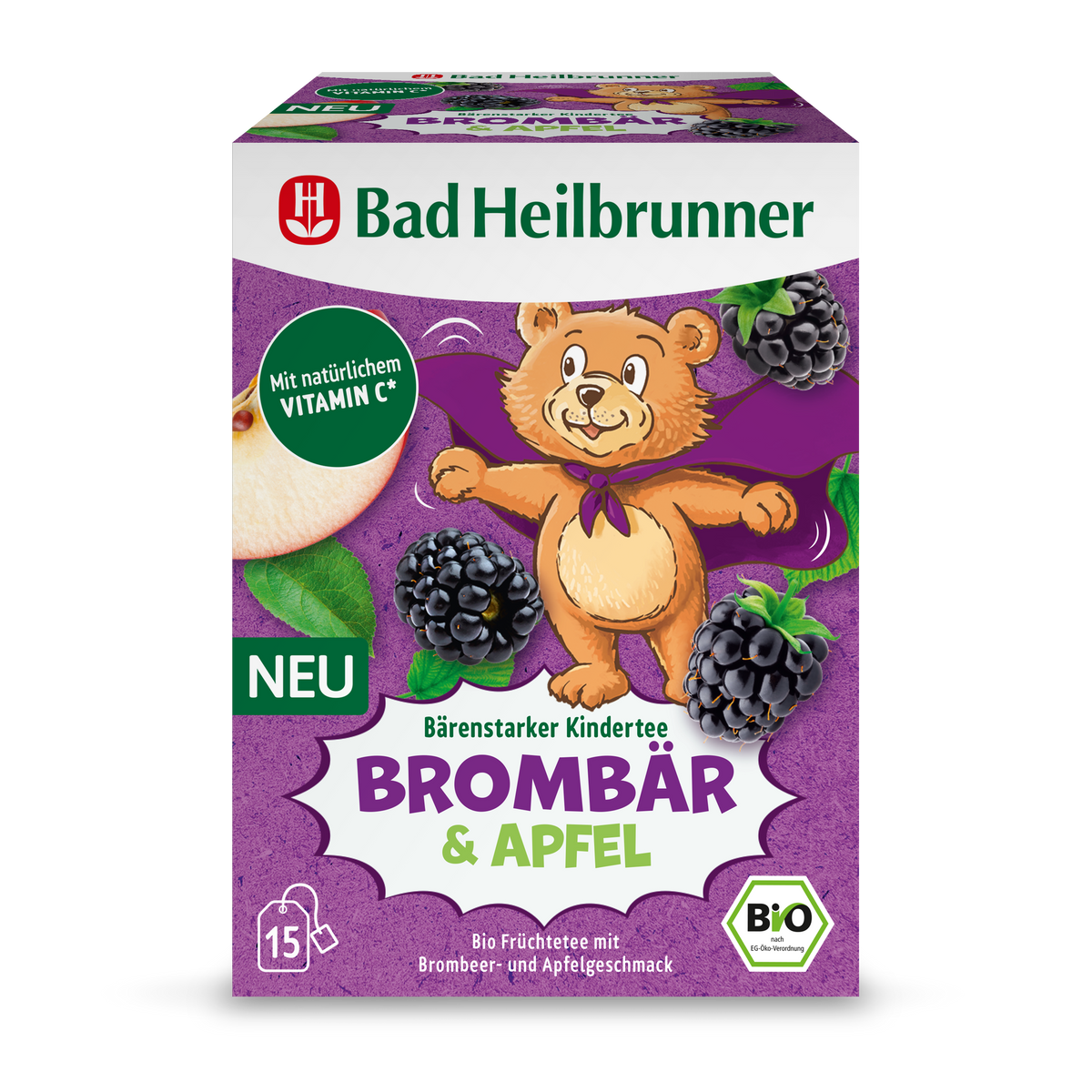 Bad Heilbrunner - Bärenstarker Kindertee Brombär & Apfel - Vegan & Bio, 15 Filterbeutel