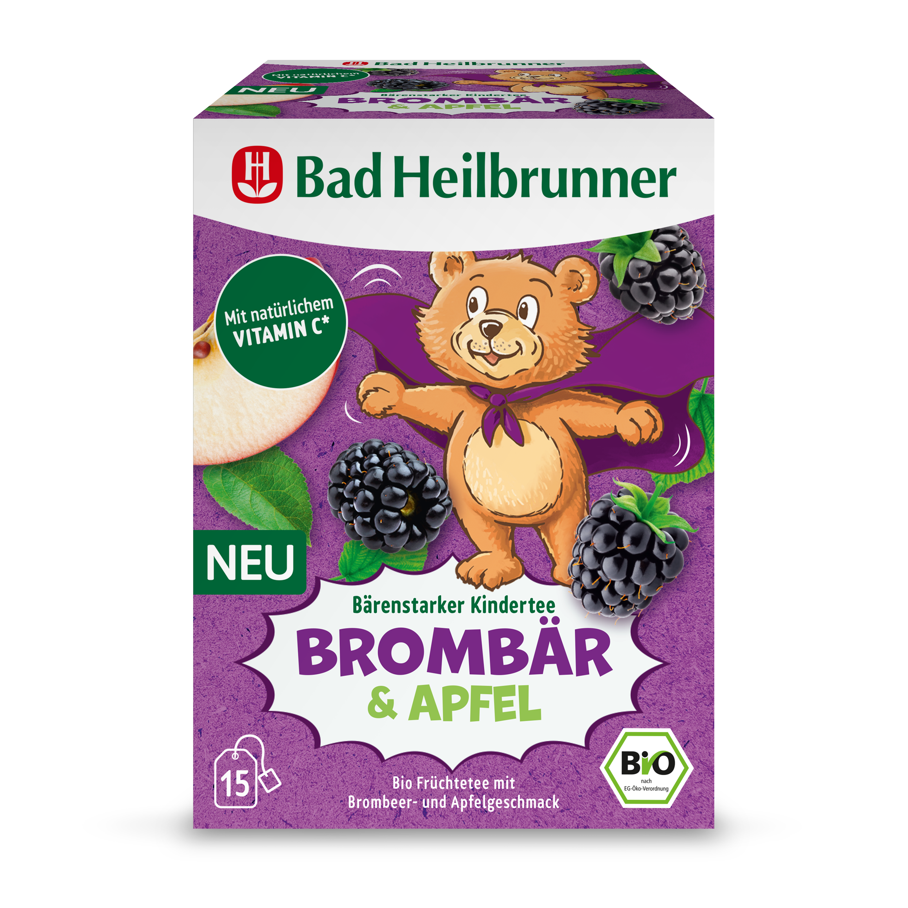 Bad Heilbrunner - Bärenstarker Kindertee Brombär & Apfel - Vegan & Bio, 15 Filterbeutel