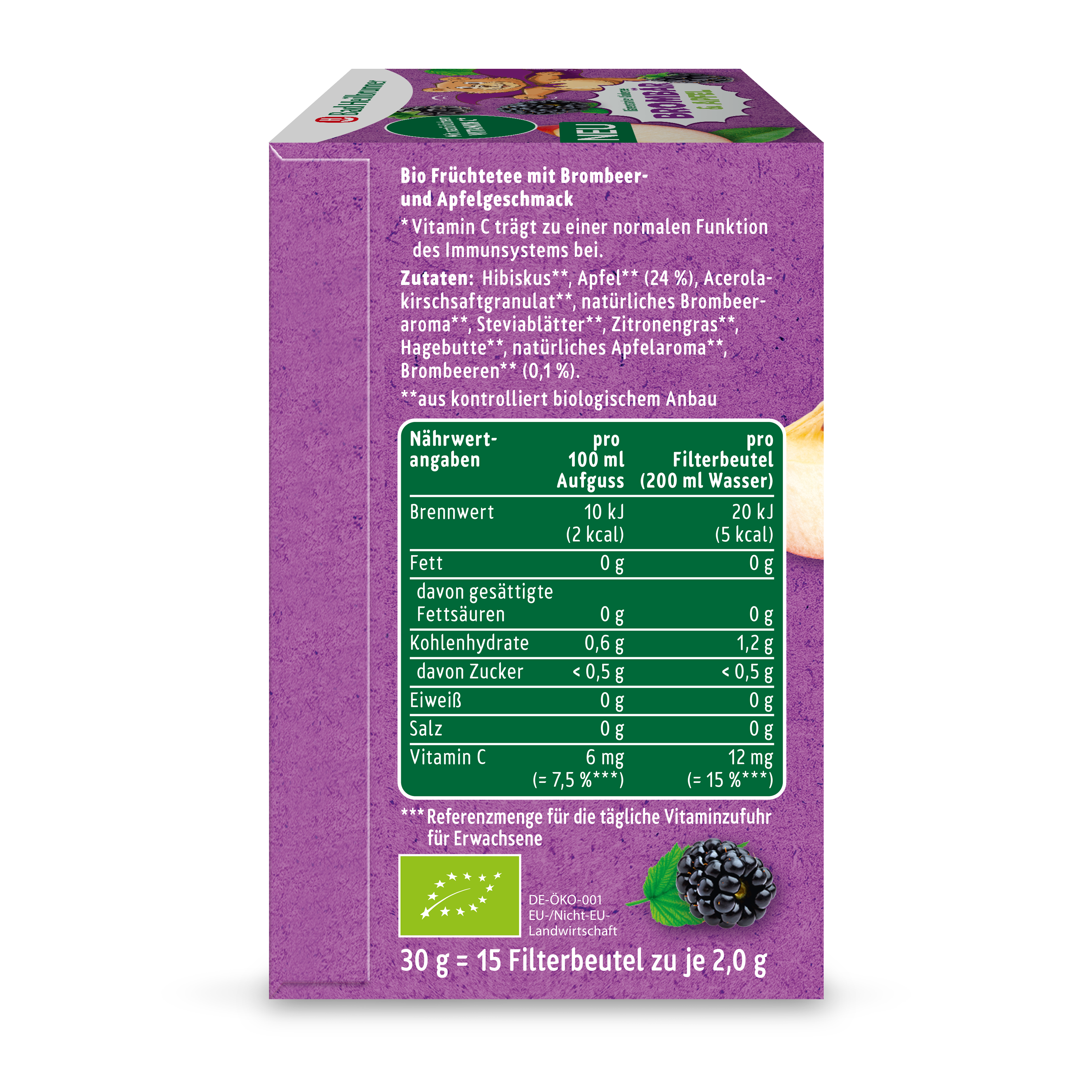 Bad Heilbrunner - Bärenstarker Kindertee Brombär & Apfel - Vegan & Bio, 15 Filterbeutel
