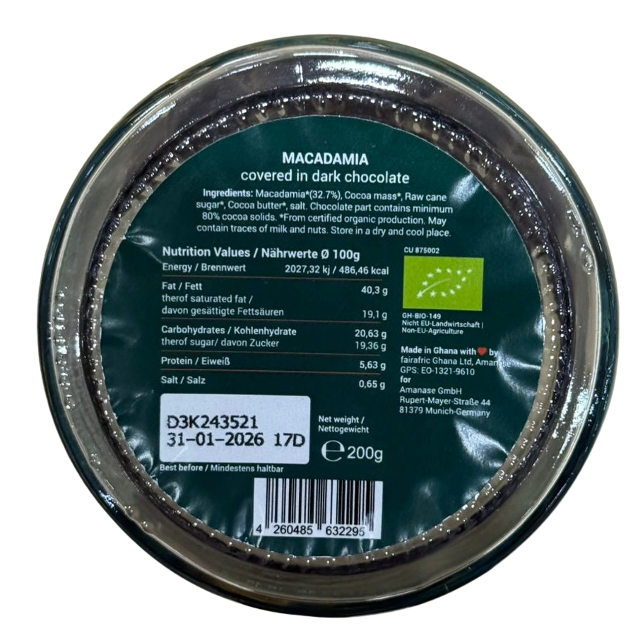Amanase Bio-Macadamia Salted-Caramel in Zartbitterschokolade, 200g in Zero-Waste-Glas