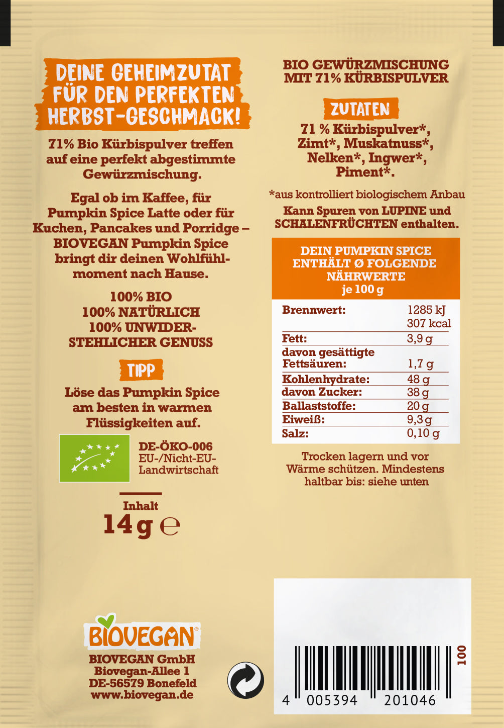 Biovegan Mein Pumpkin Spice, 14g