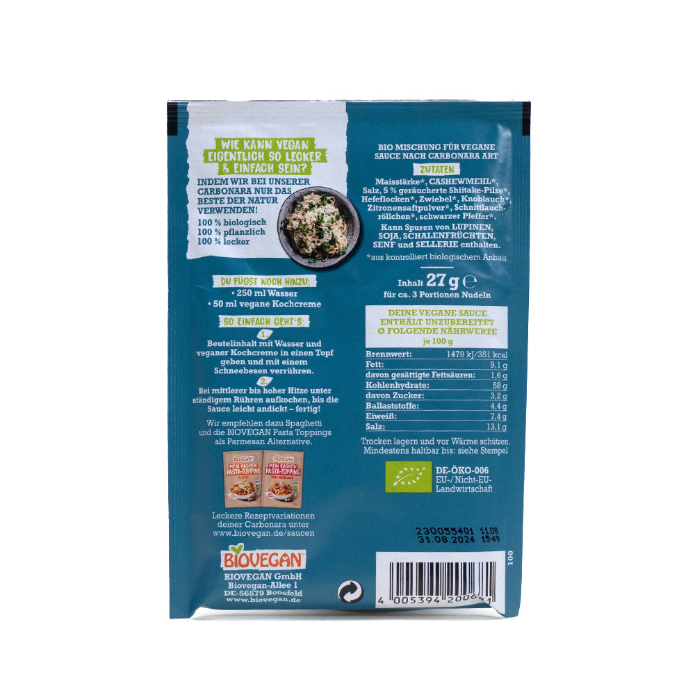 Rückseite der Biovegan BIO veganen Carbonara 15 x 27g Saucenpackung mit Anleitungen und Nährwertinfos in Deutsch. Diese glutenfreie vegane Carbonara enthält Shiitake-Pilze für einen delikaten Geschmack.