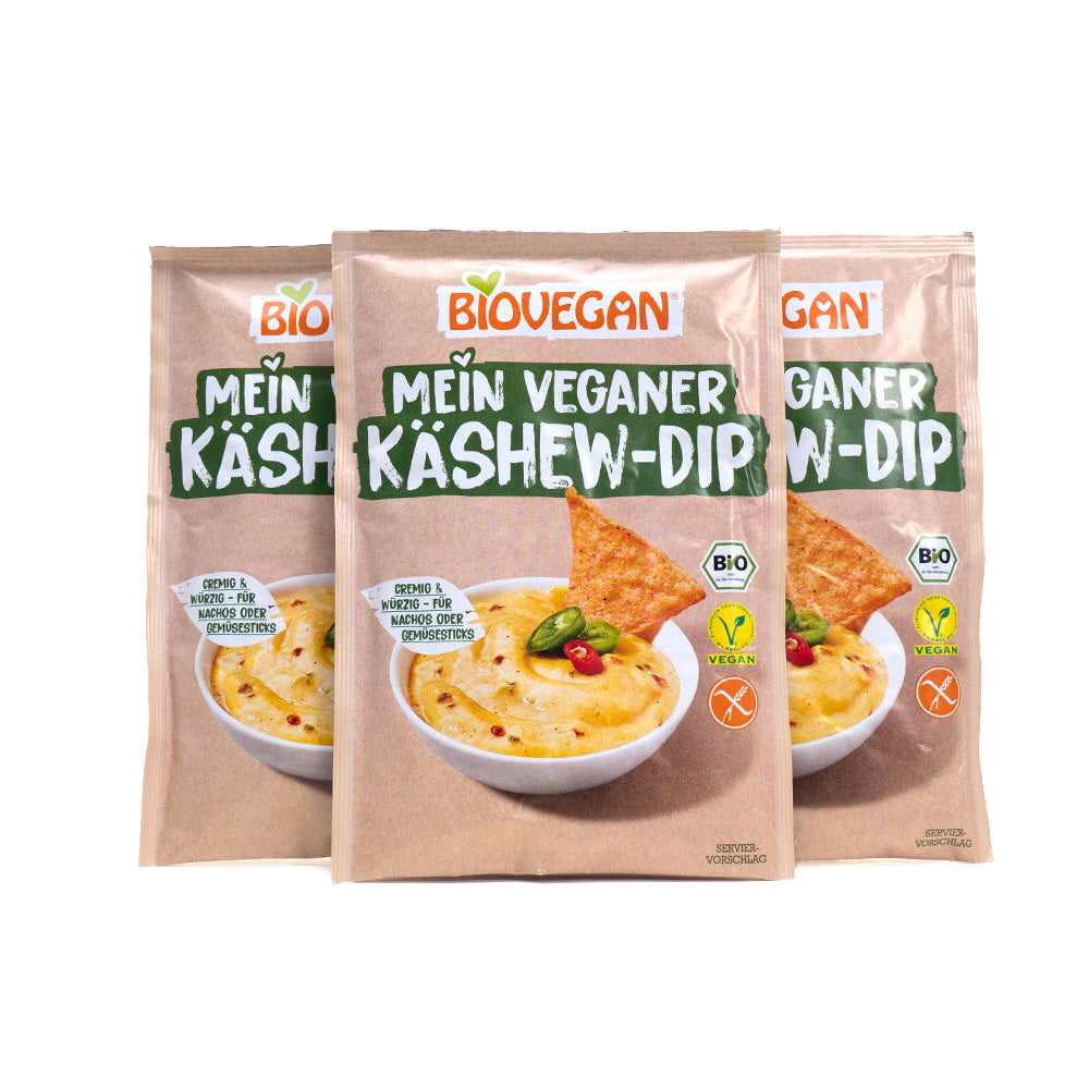Entdecken Sie den Biovegan BIO Käshew-Dip 15x37,5g, eine vegane und biologische Cashew-Dip-Mischung mit einer Optik aus cremigem Dip und knusprigem Chip, die die ideale pflanzliche Alternative für leckere vegane Snacks bietet.