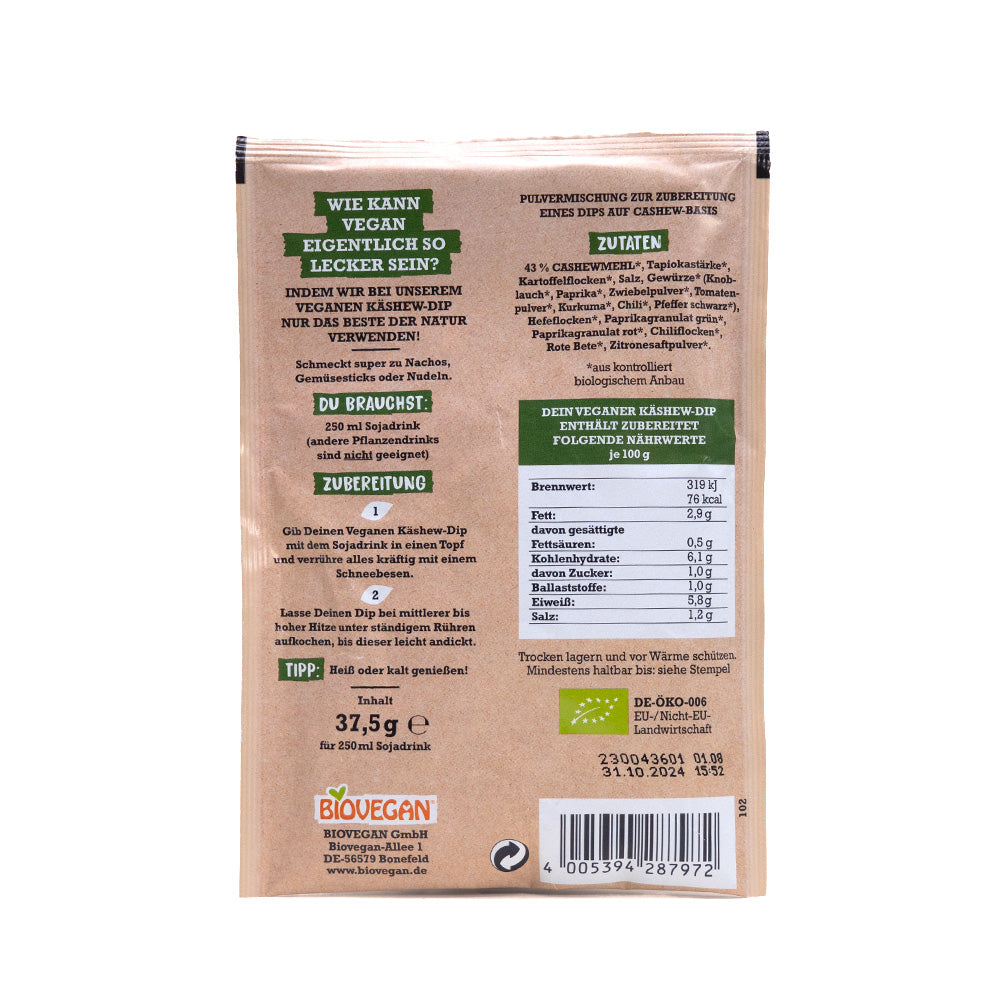 Auf der Rückseite einer Biovegan-Verpackung wird der BIO Käshew-Dip 15x37,5g mit deutschem Text und Nährwertangaben beschrieben. Dieser Dip bietet eine leckere pflanzliche Alternative für vegane Snacks und wertet das Naschen mit natürlichen Zutaten auf.