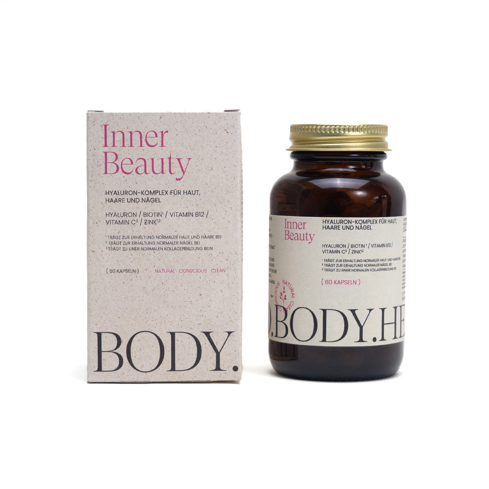 Die braune Flasche und Schachtel des Hyaluron Komplex für Haut, Haare und Nägel von mind.body.health enthält 60 Kapseln mit Text in Deutsch und Englisch. Angereichert mit Hyaluronsäure zur Feuchtigkeitsversorgung der Haut sind sie perfekt für ein strahlendes Aussehen.