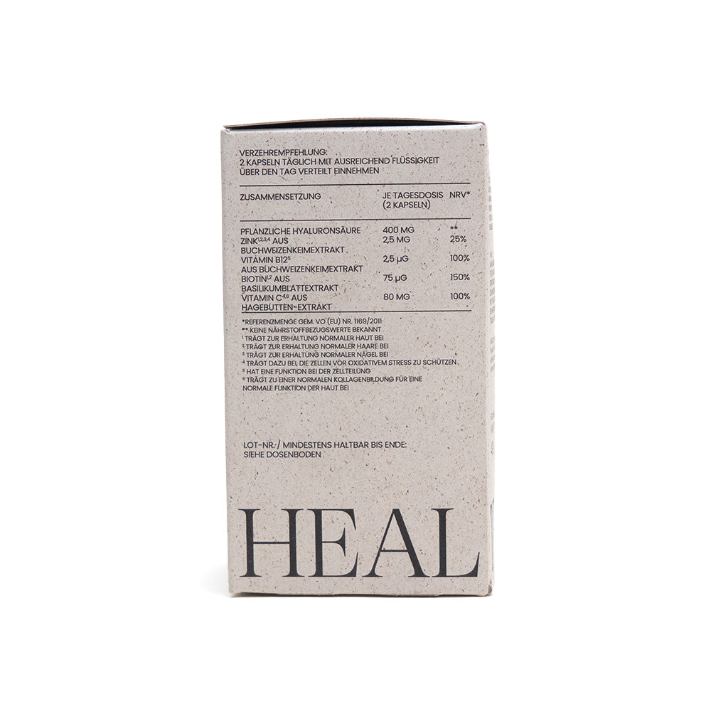 Box der Nahrungsergänzungsmittel „Hyaluron Komplex für Haut, Haare und Nägel“ von mind.body.health mit Formulierungsdetails und Anweisungen auf der Seite.