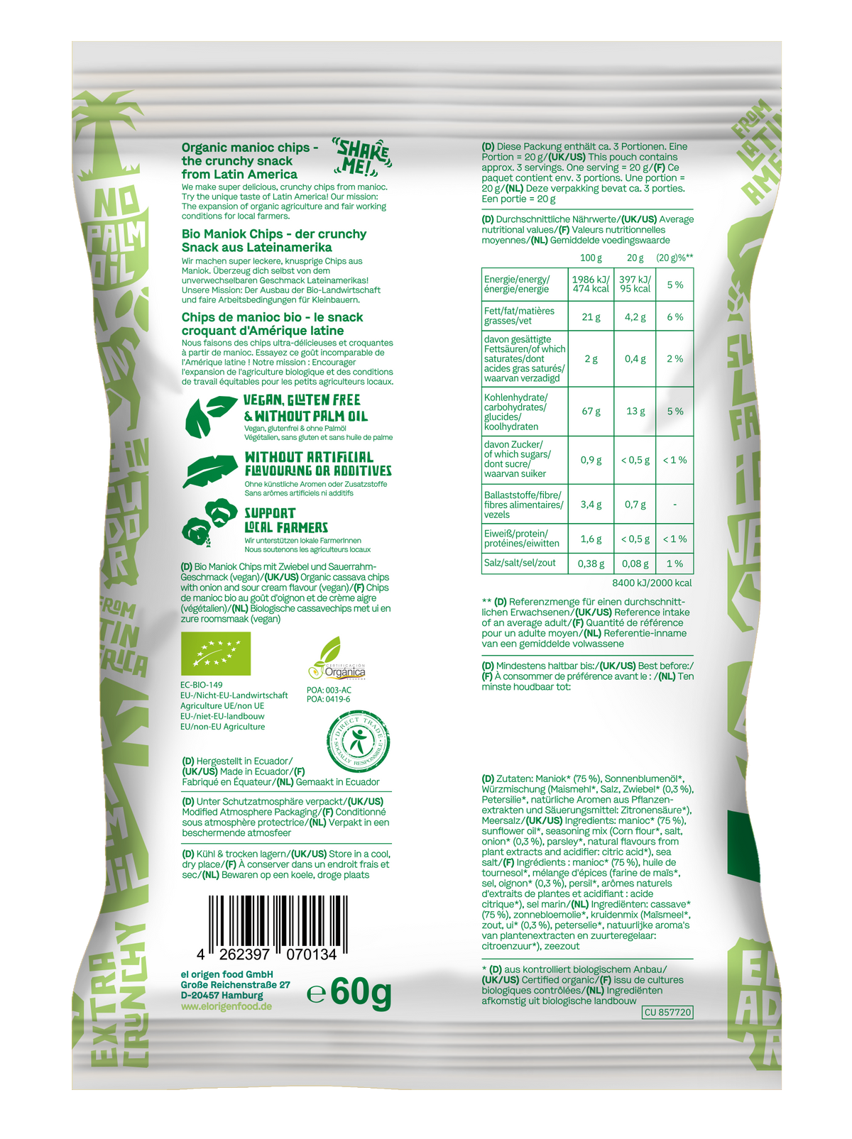 elOrigen Bio Maniok Chips mit Sour Cream & Onion Geschmack, 60 g