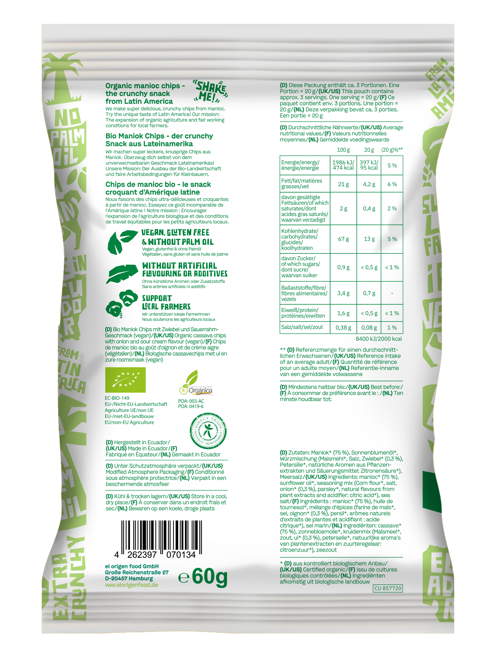 elOrigen Bio Maniok Chips mit Sour Cream & Onion Geschmack, 60 g