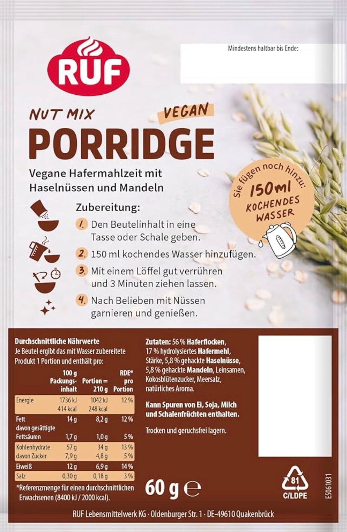 RUF Rorridge Nut Mix - Vegane Haferbrei mit Haselnüssen & Mandeln