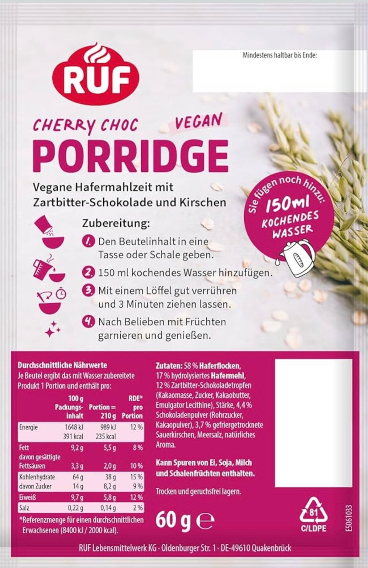 RUF Porridge Cherry Choc - Vegane Haferbrei mit Zartbitter-Schokolade & Kirschen