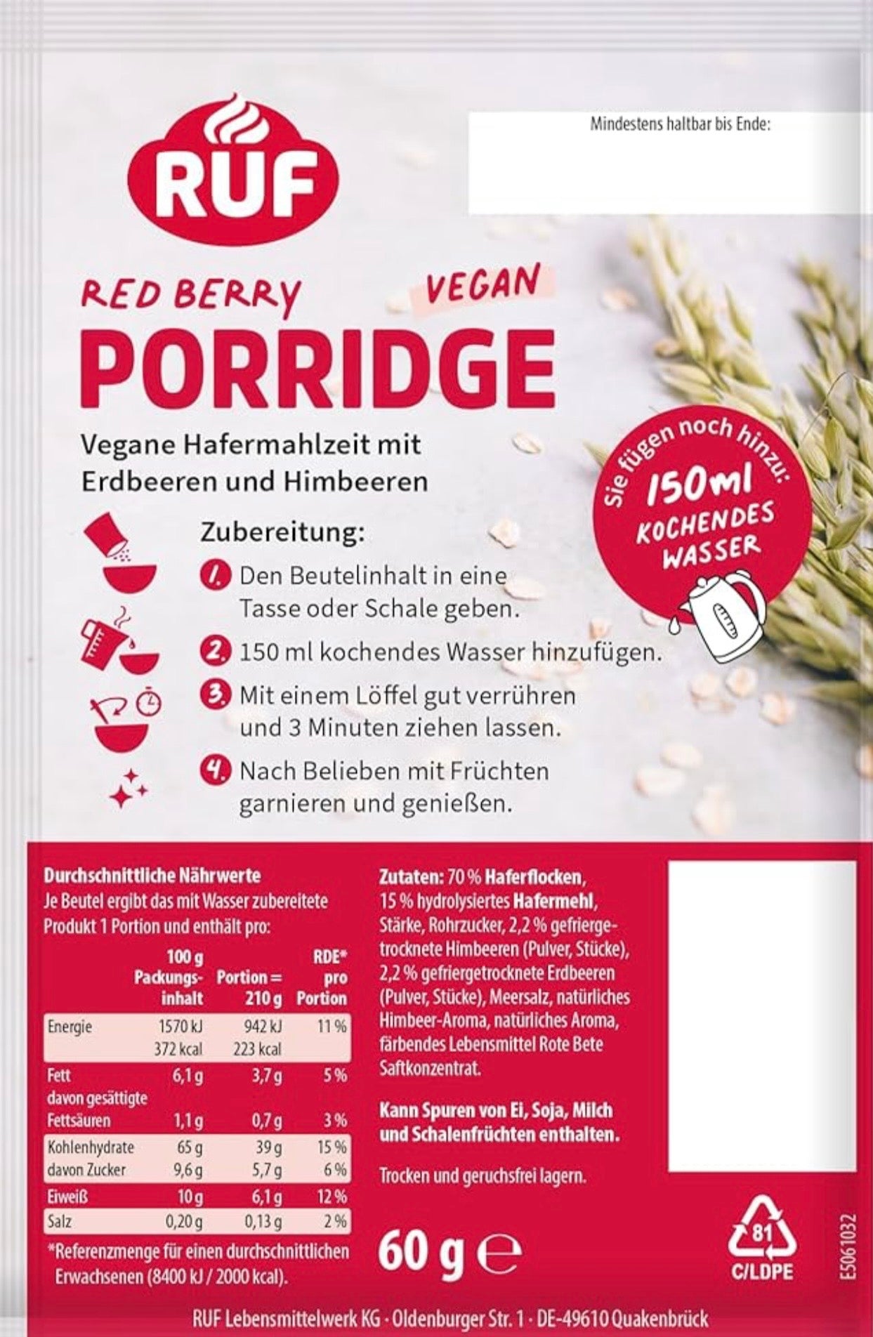 RUF Porridge Red Berry - Haferbrei mit Erdbeeren & Himbeeren