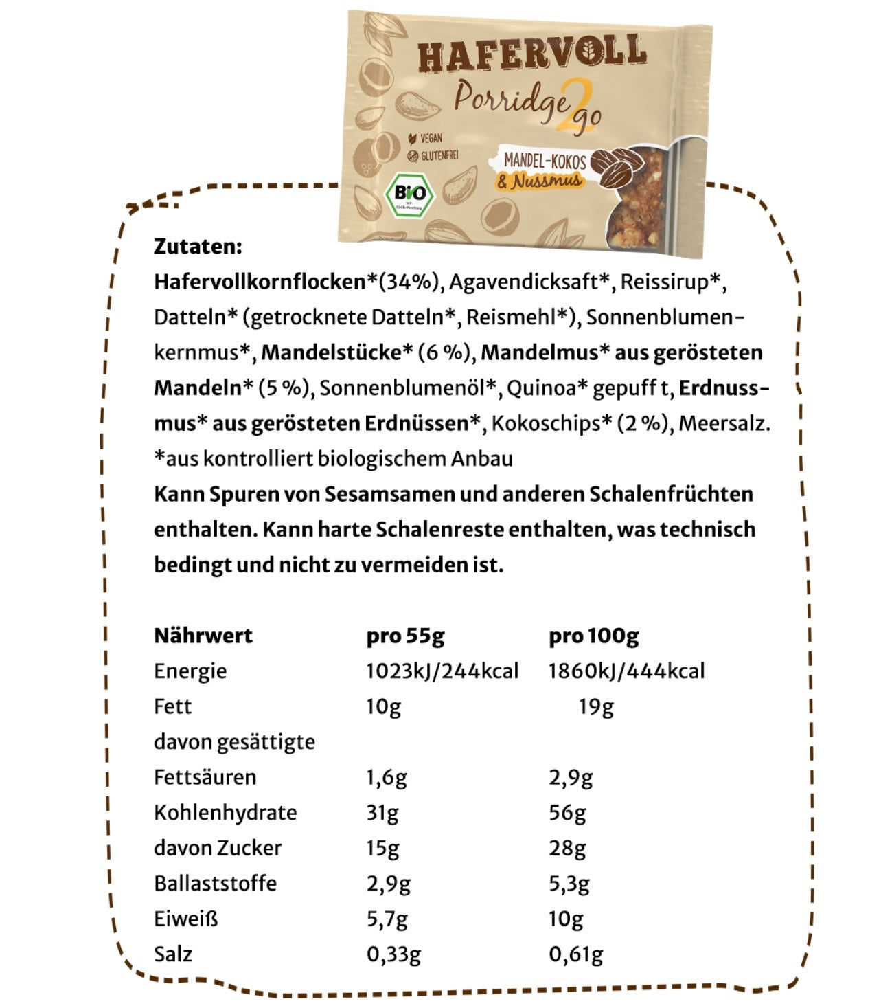 Hafervoll Porridge2Go Mandel - Bio & Vegan, 55 g